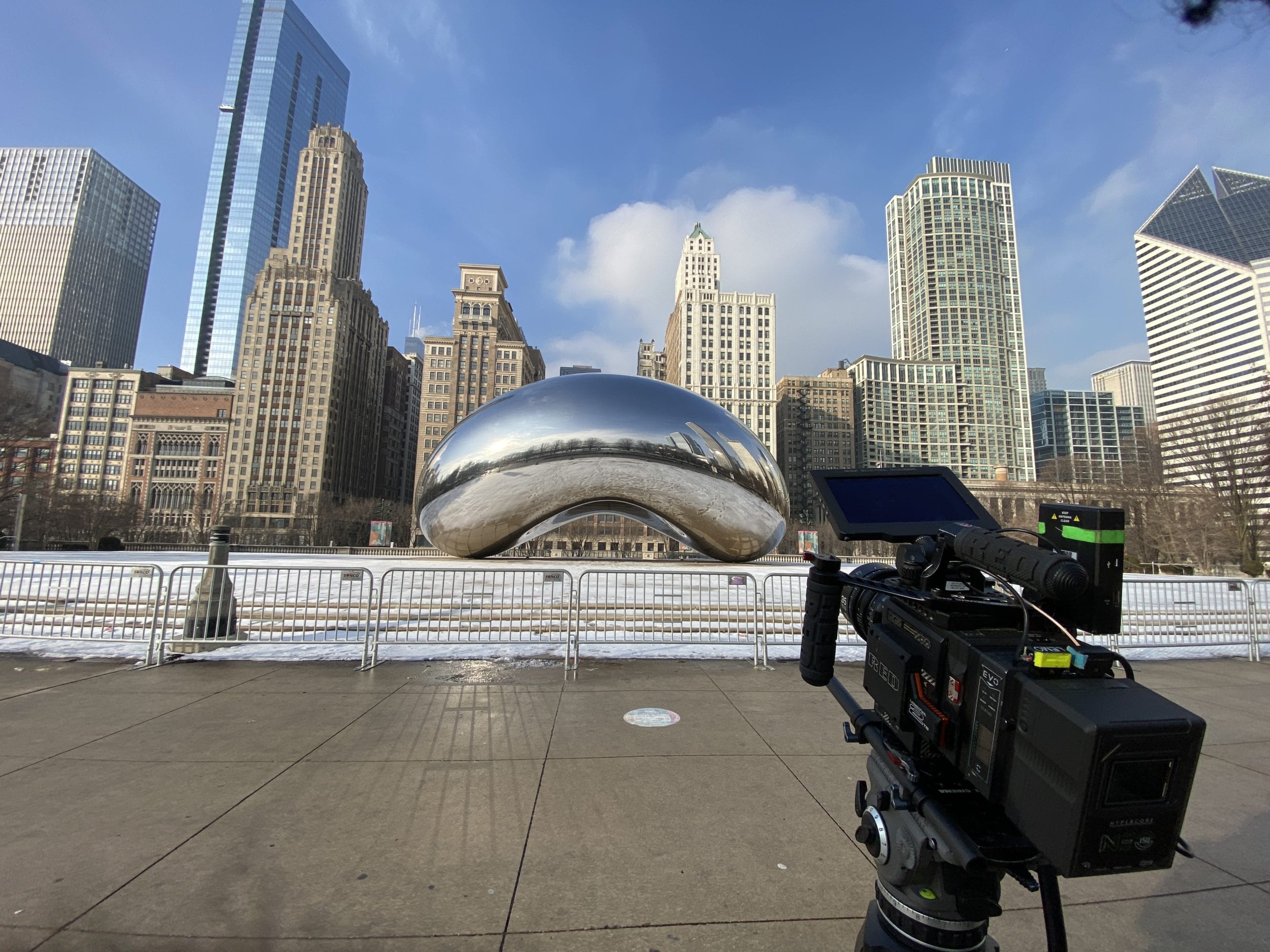 IU C&I Studios Portfolio and Post Video camera trained on the Chicago skyline of downtown and the Chicago Bean