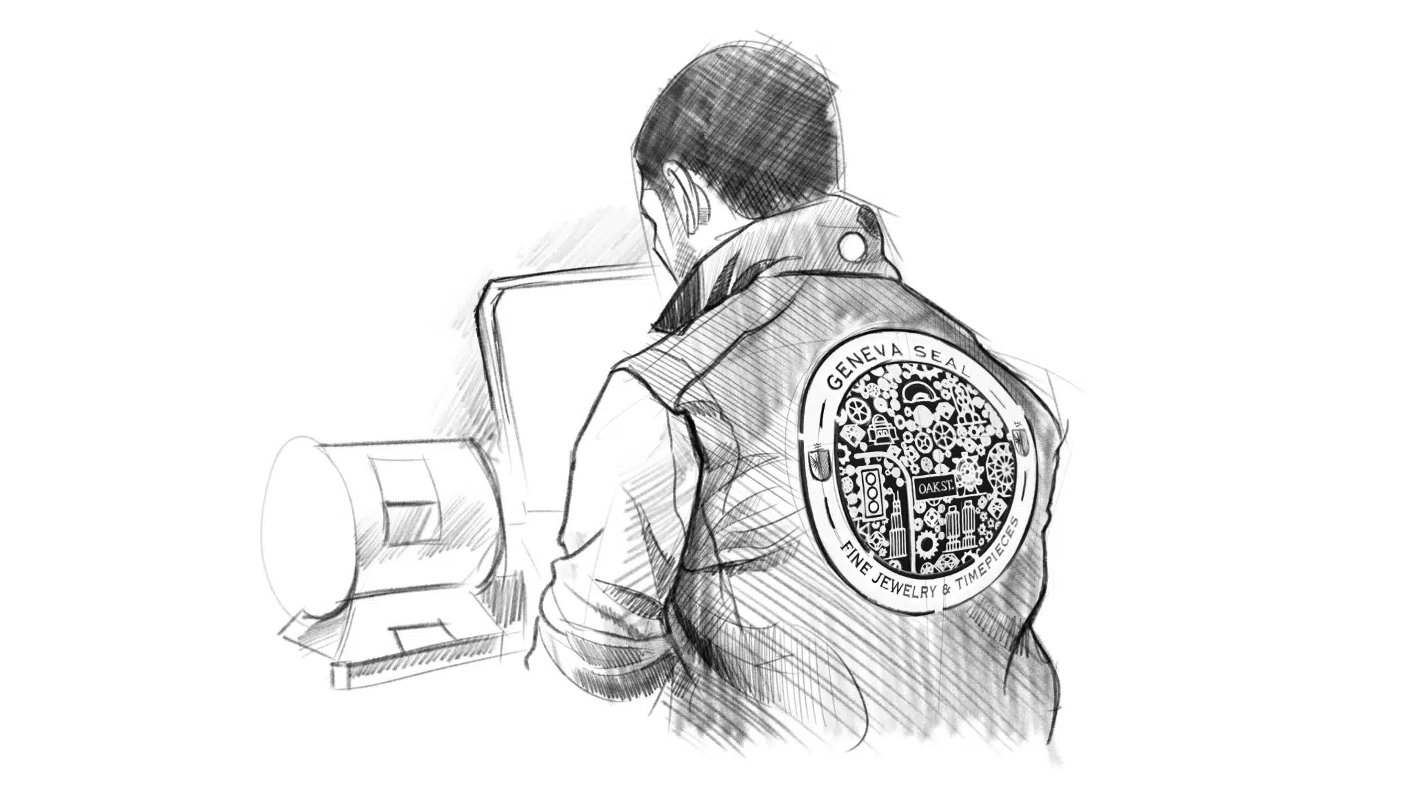 Joshua Hayes 4 Black and white Illustration Geneva Seal Logo on back of jacket of man using a computer