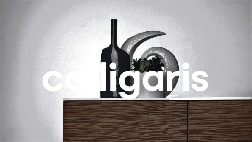 IU C&I Studios Page White Calligaris logo with background of corner of white cabinet with wooden doors and art on top