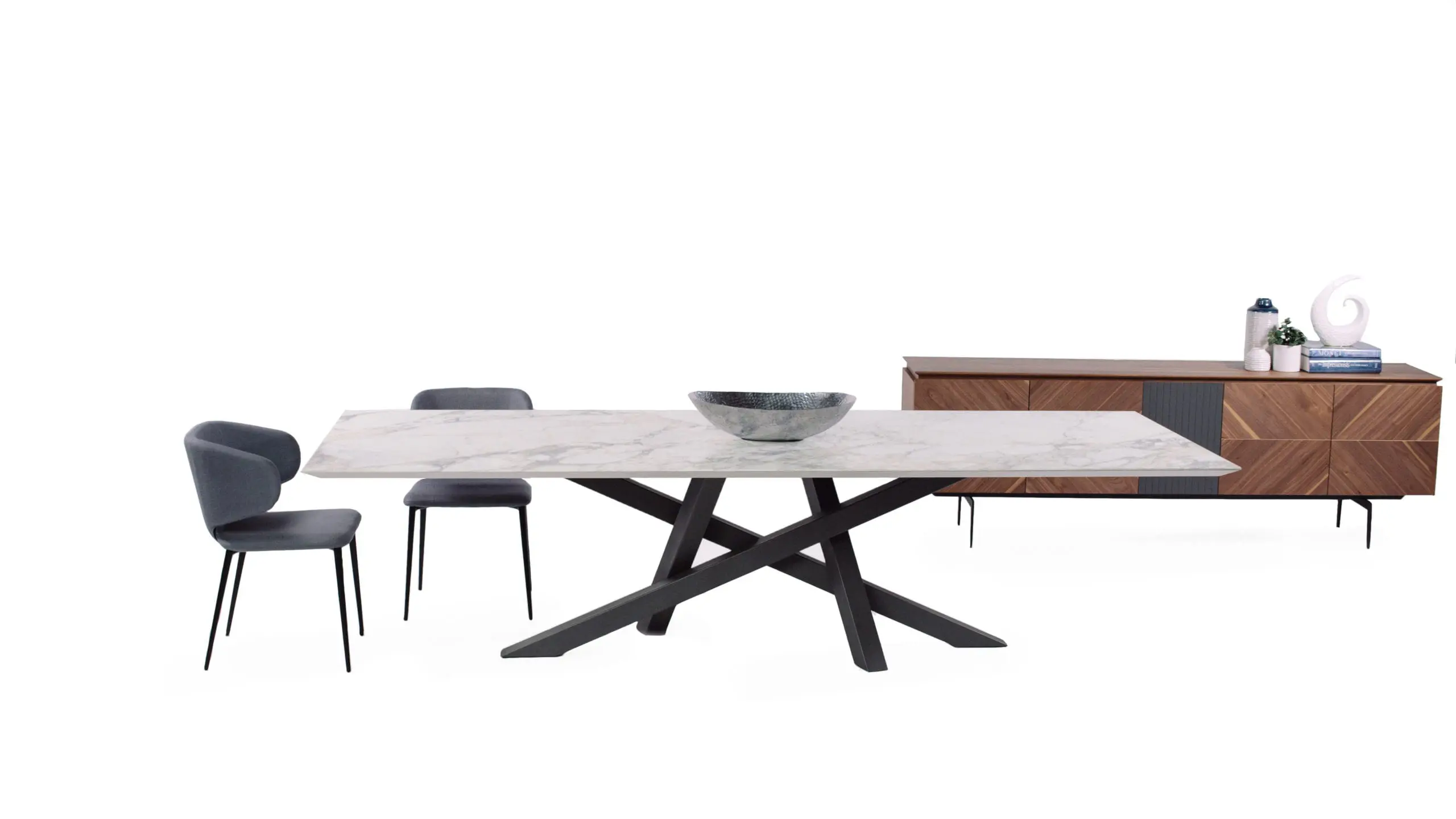 Calligaris 6 White marble table with black legs on display with gray chairs and wooden cabinet