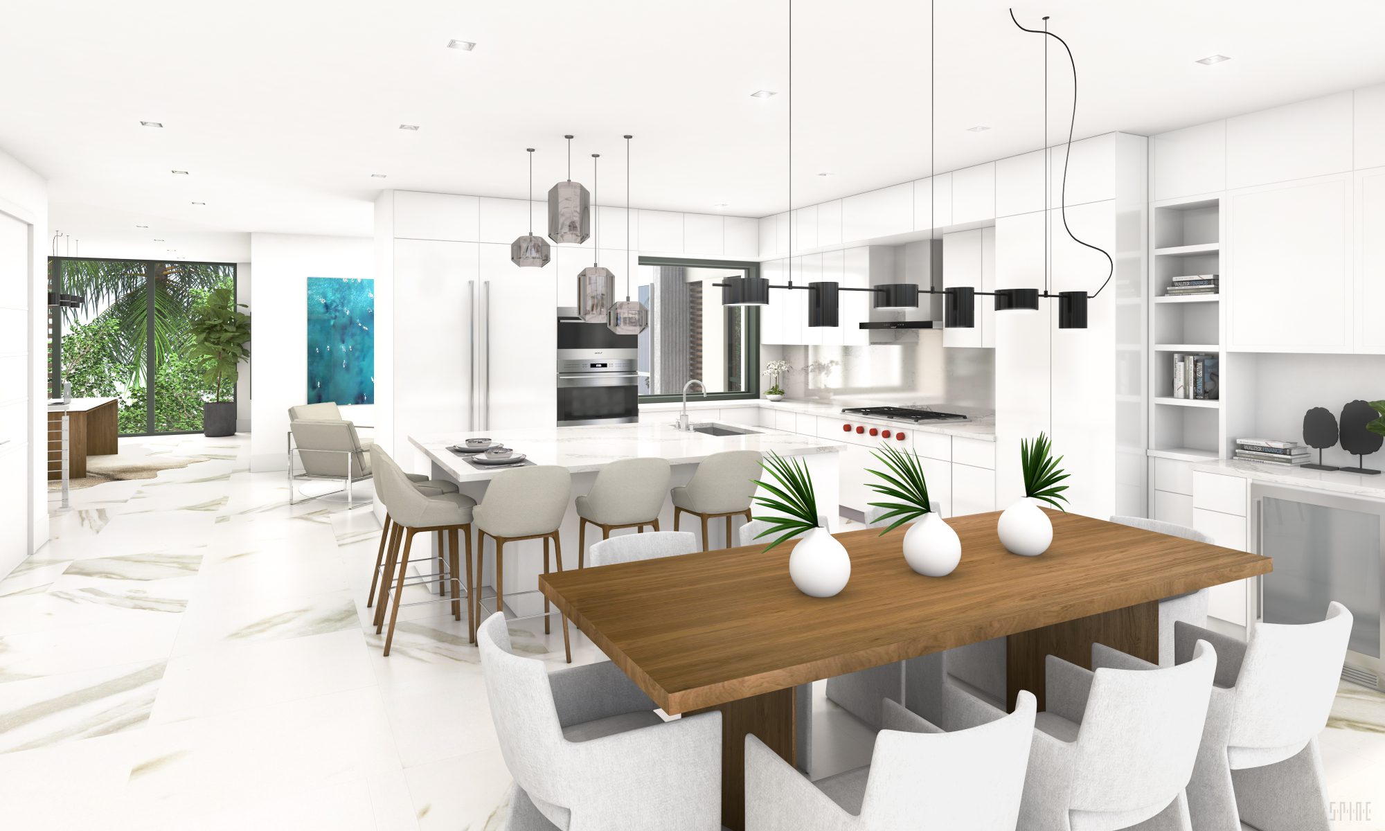 Rendering of kitchen with furniture and appliances