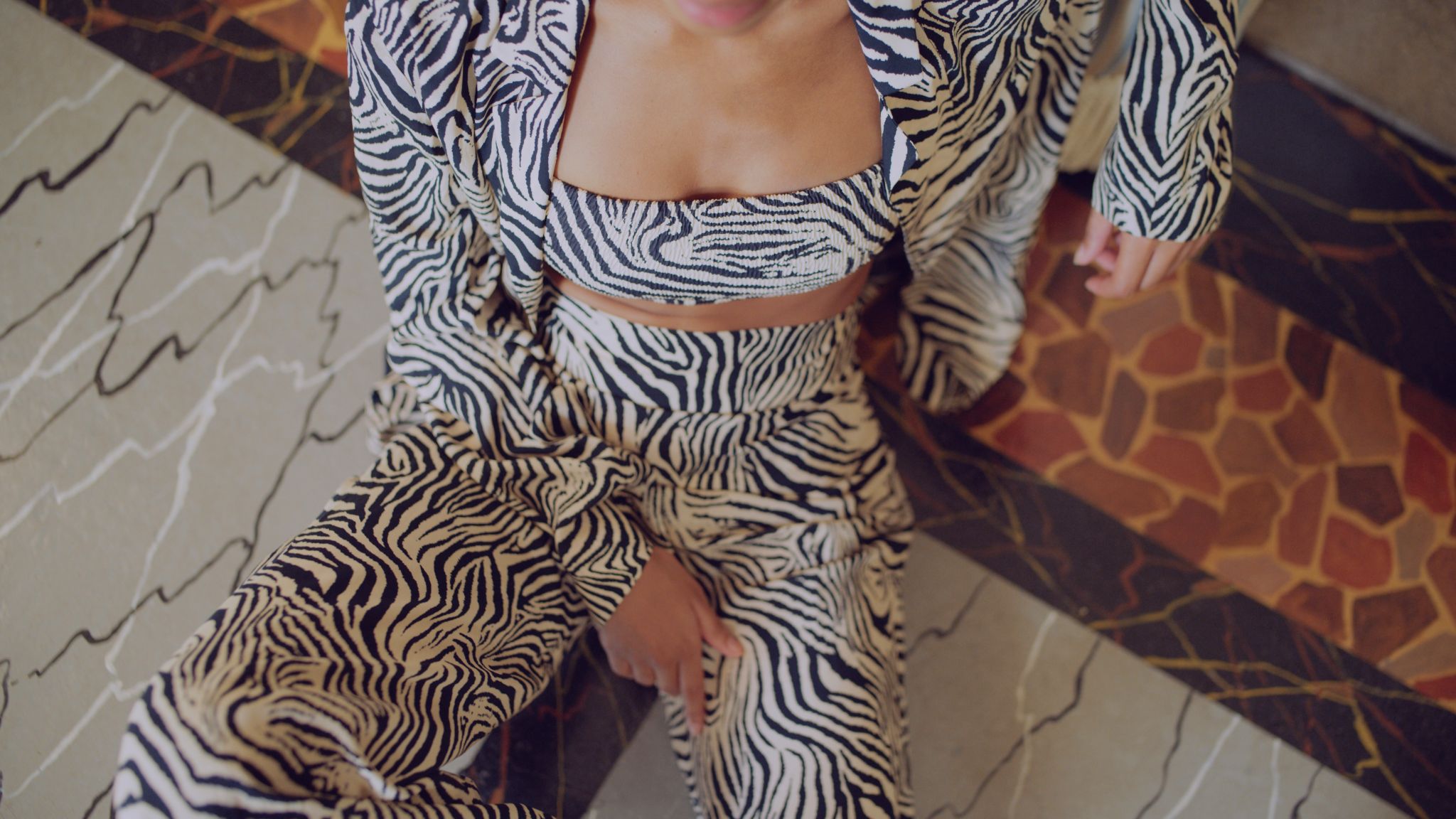 IU C&I Studios Portfolio Closeup of female model wearing a black and white tiger print outfit