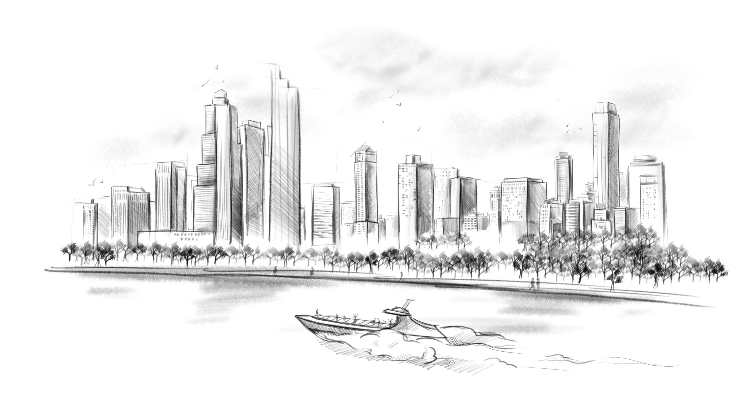 IU C&I Studios Page Black and white Geneva Seal Illustration Chicago Skyline drawing
