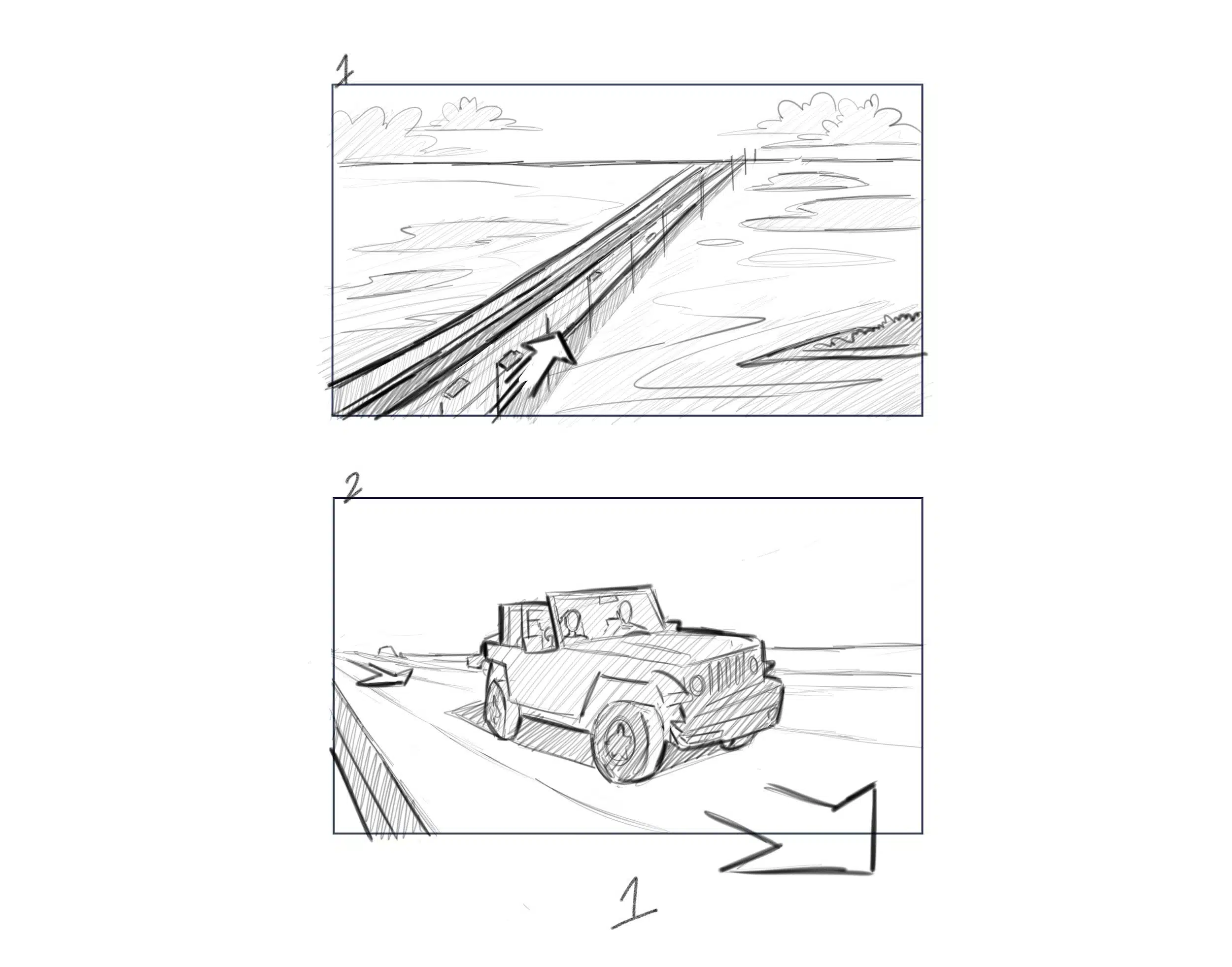 Illustration IU C&I Studios Page Two black and white storyboard drawings