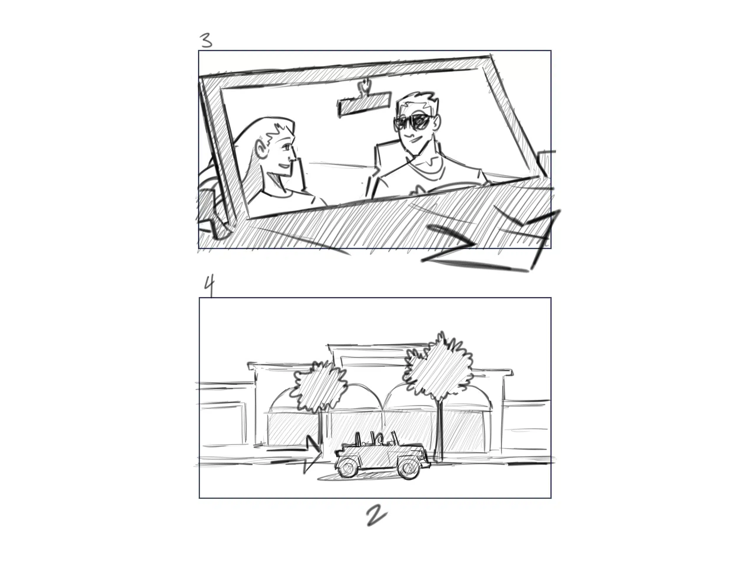 Illustration IU C&I Studios Page Dive Black and white storyboard drawings of a man and woman and jeep