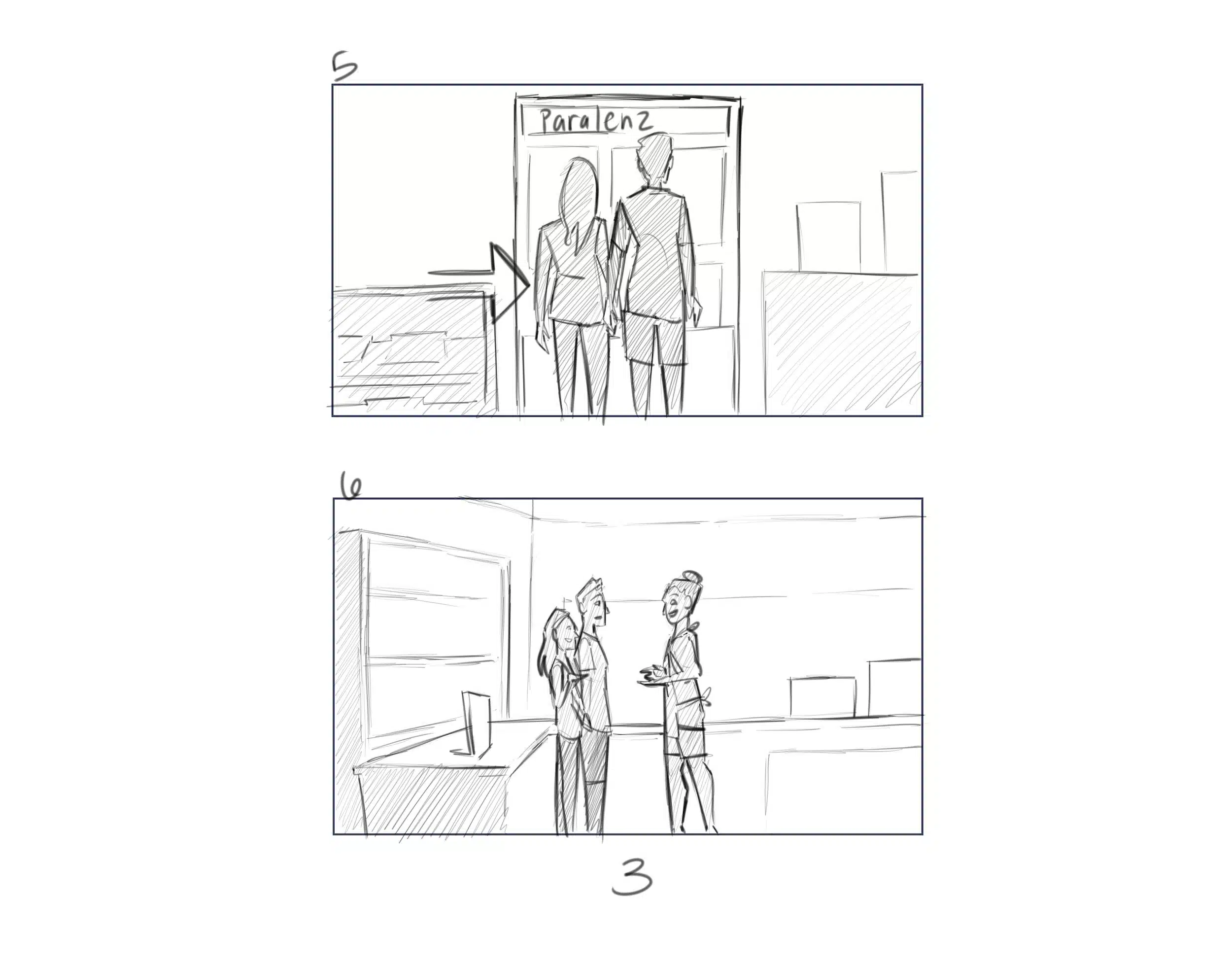 Illustration IU C&I Studios Page Dive Black and white storyboard drawings of a man and woman and a store talking with an employee