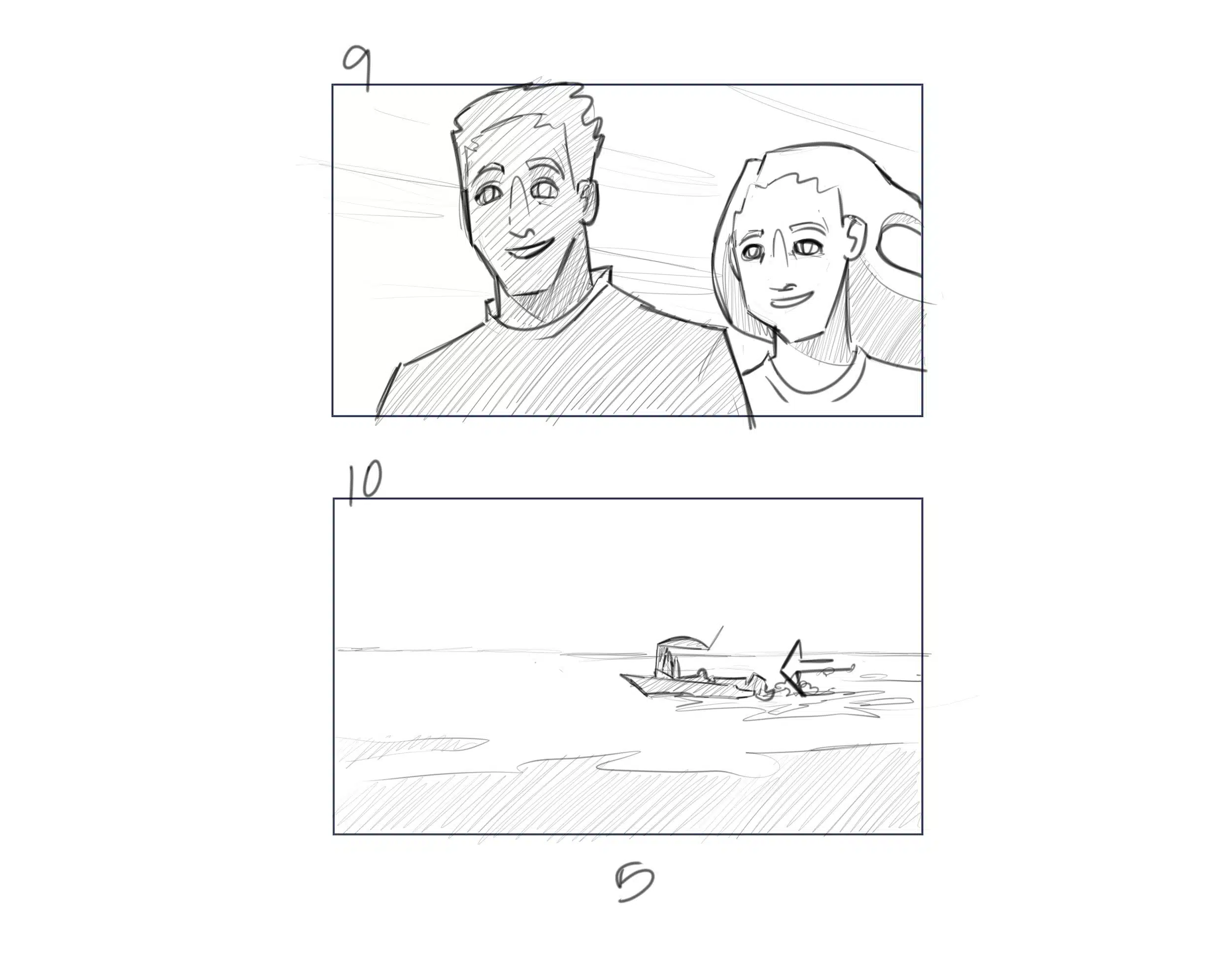 Illustration IU C&I Studios Page Dive Black and white storyboard drawings of a man and woman and a boat in the water