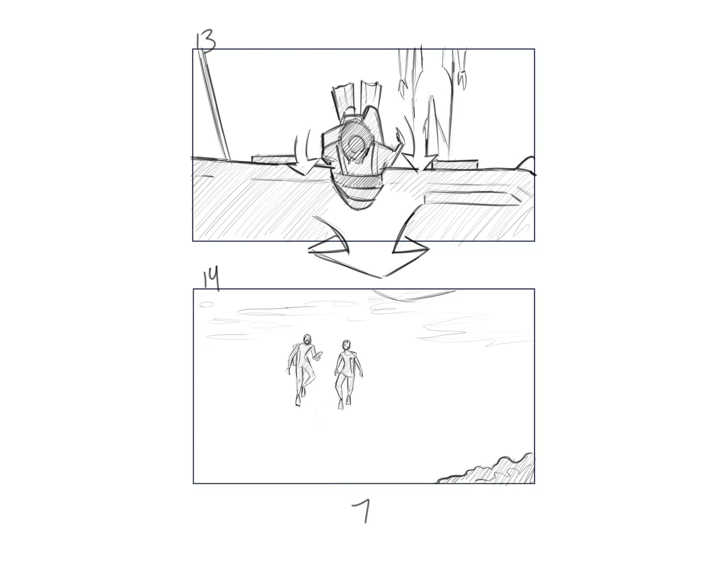 Illustration IU C&I Studios Page Dive Black and white drawings of diver and two people on a beach