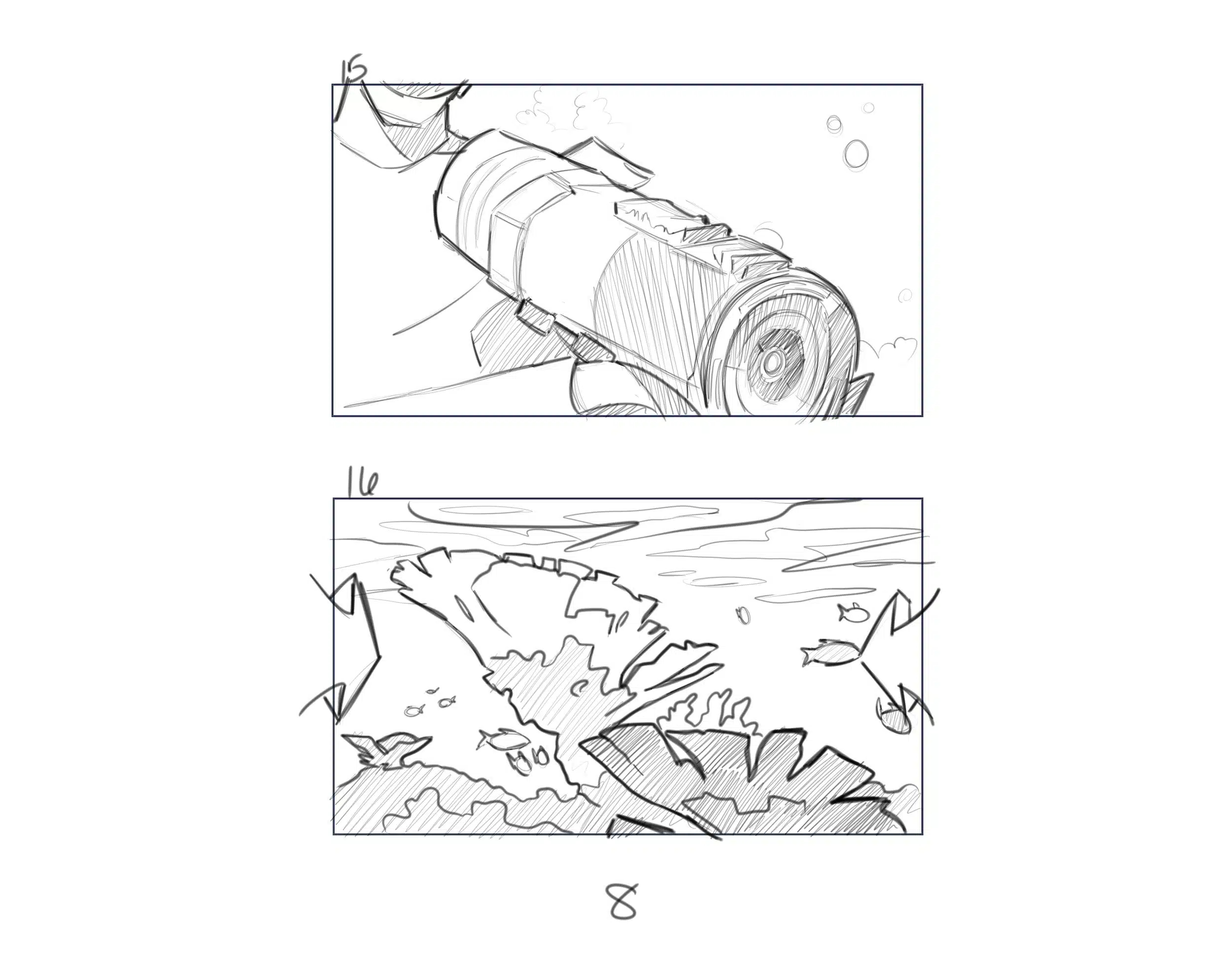 Illustration IU C&I Studios Page Dive Black and white drawings of a man holding a water camera as well as underwater view of coral