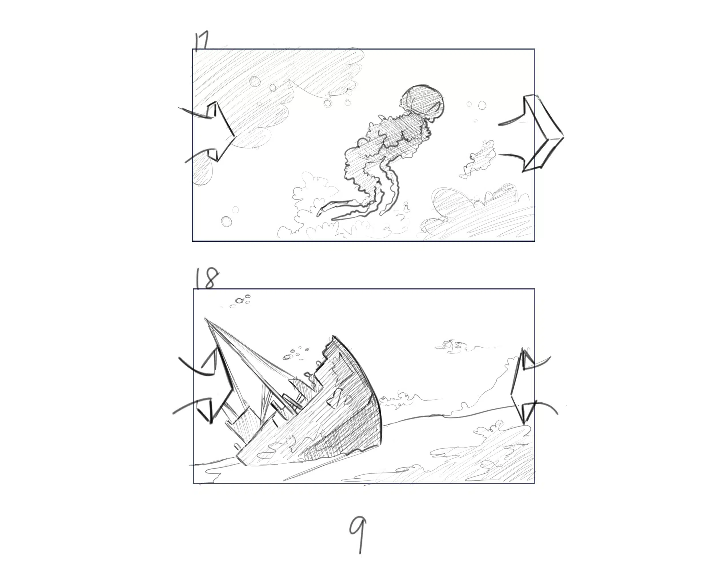 Illustration IU C&I Studios Page Dive Black and white drawings of a jellyfish and a ship in the water