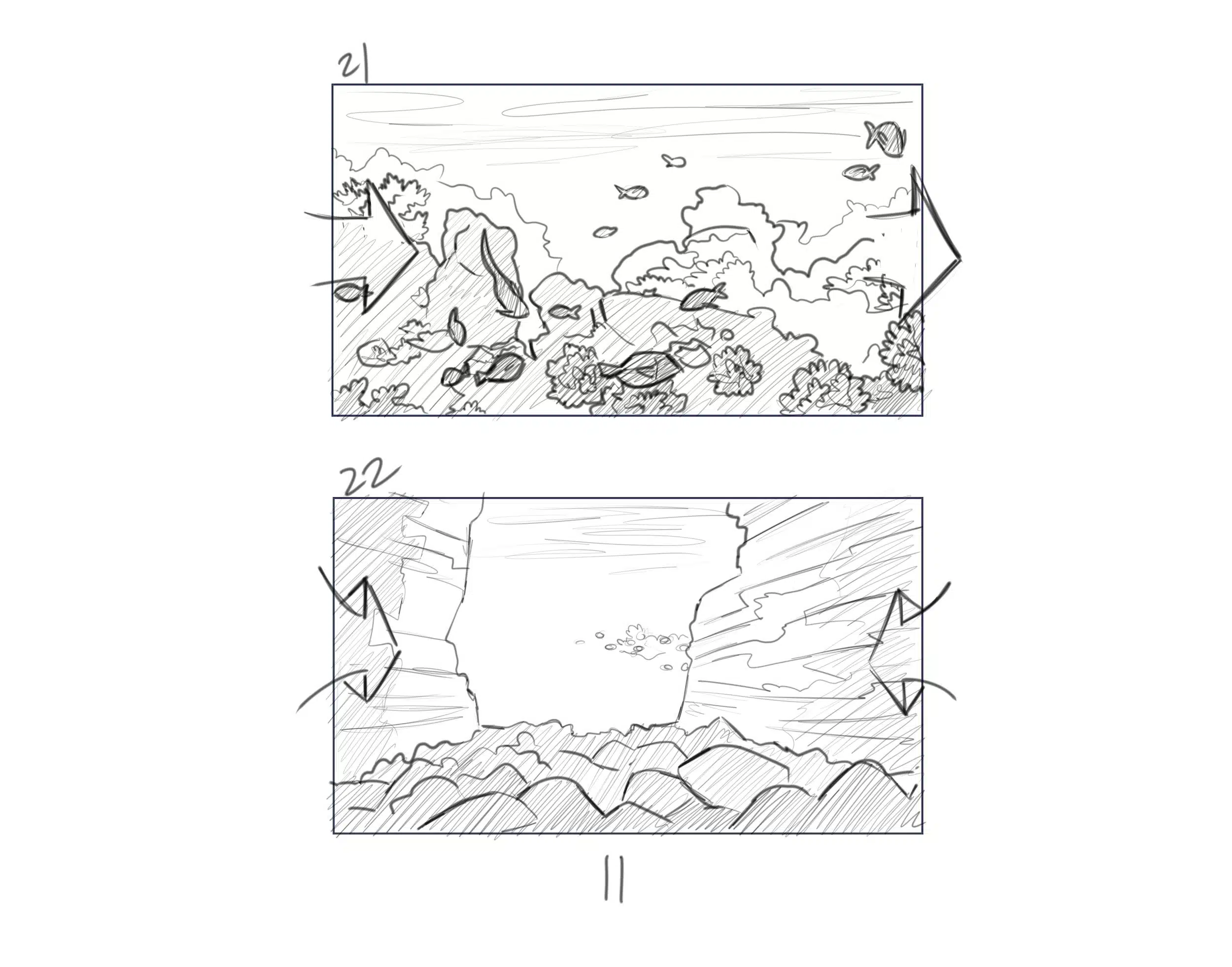 Illustration IU C&I Studios Page Dive Black and white drawings of underwater views