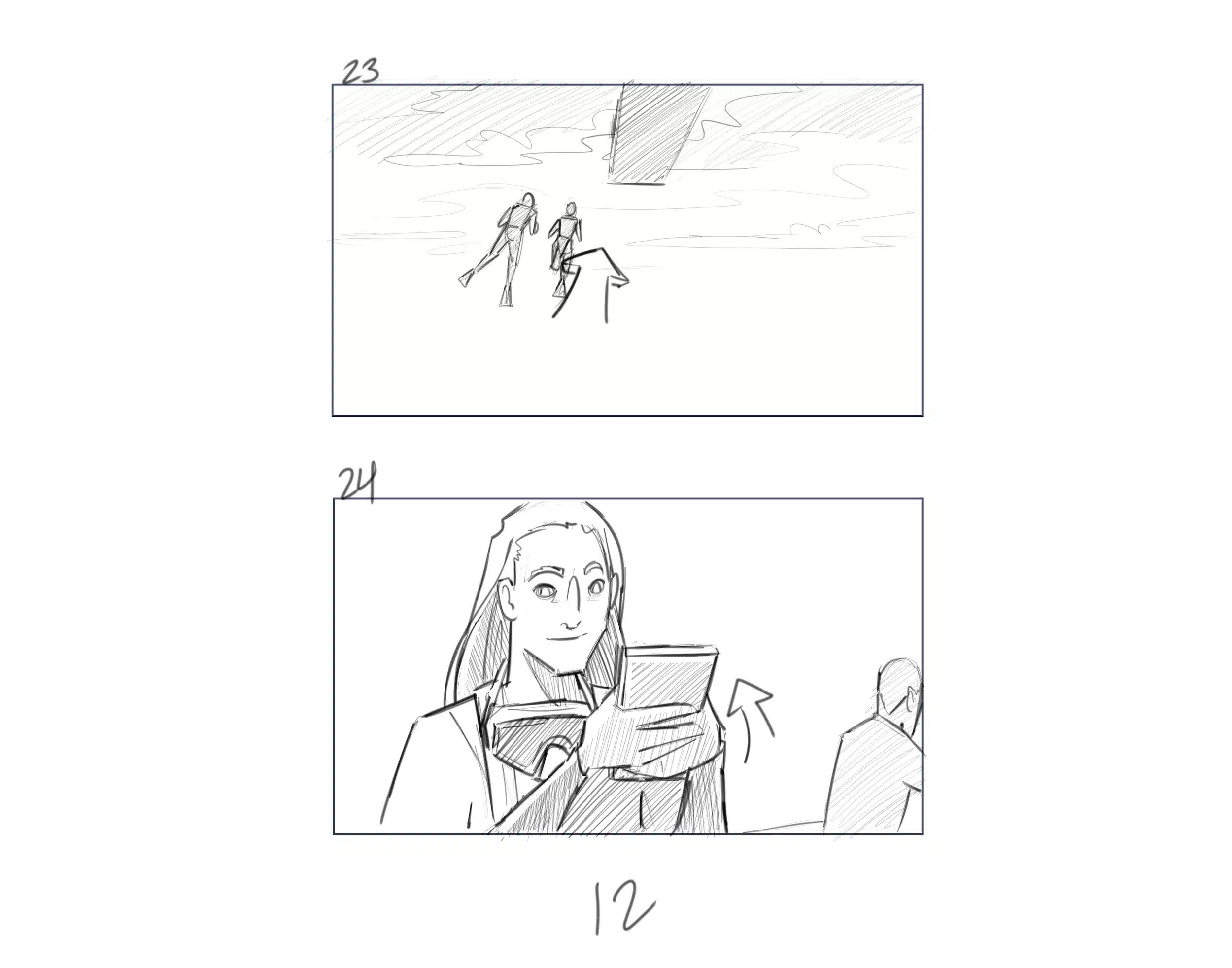 Illustration IU C&I Studios Page Dive Black and white drawings of divers underwater and woman holding a tablet
