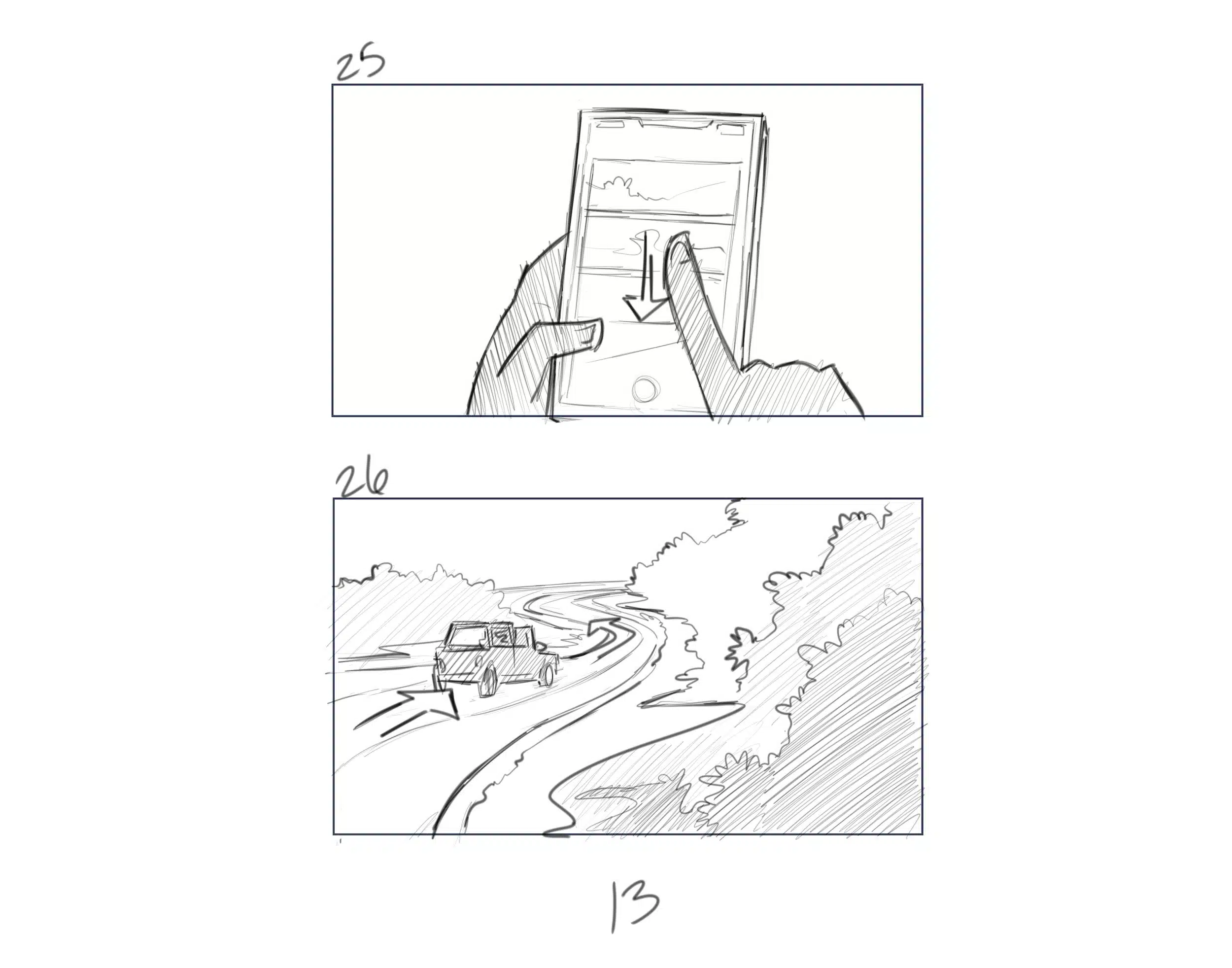 Illustration IU C&I Studios Page Dive Black and white drawings of a cell phone and jeep going down a road