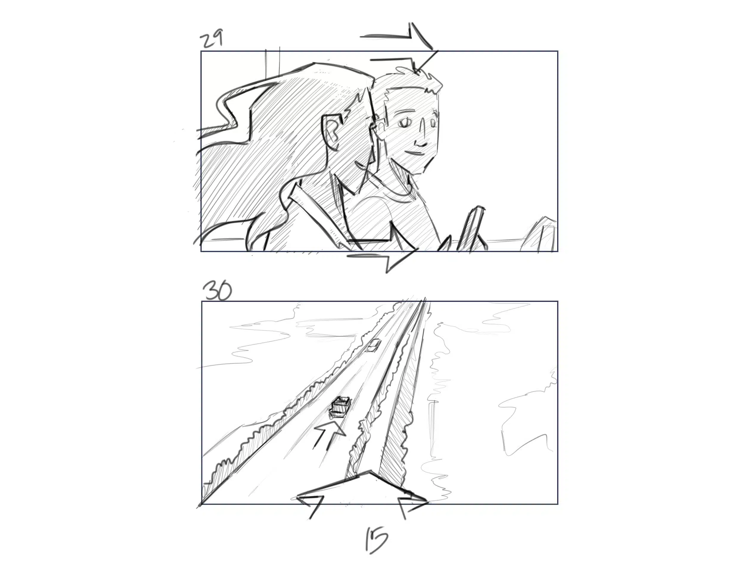 Illustration IU C&I Studios Page Dive Black and white drawings of a man and woman in a jeep as well as aerial view of jeep going down a road