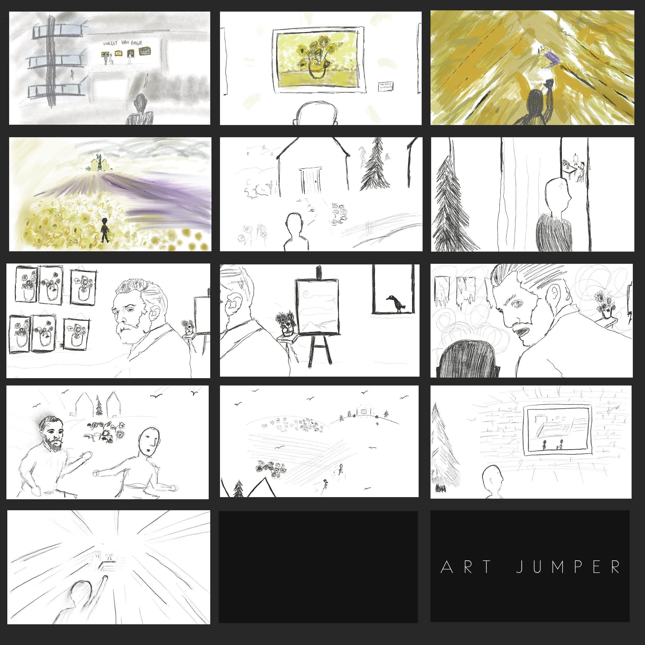 Art Jumper Illustrations Van Gogh Storyboard IU Art Jumper Van Gogh Storyboard with black and white and color drawings