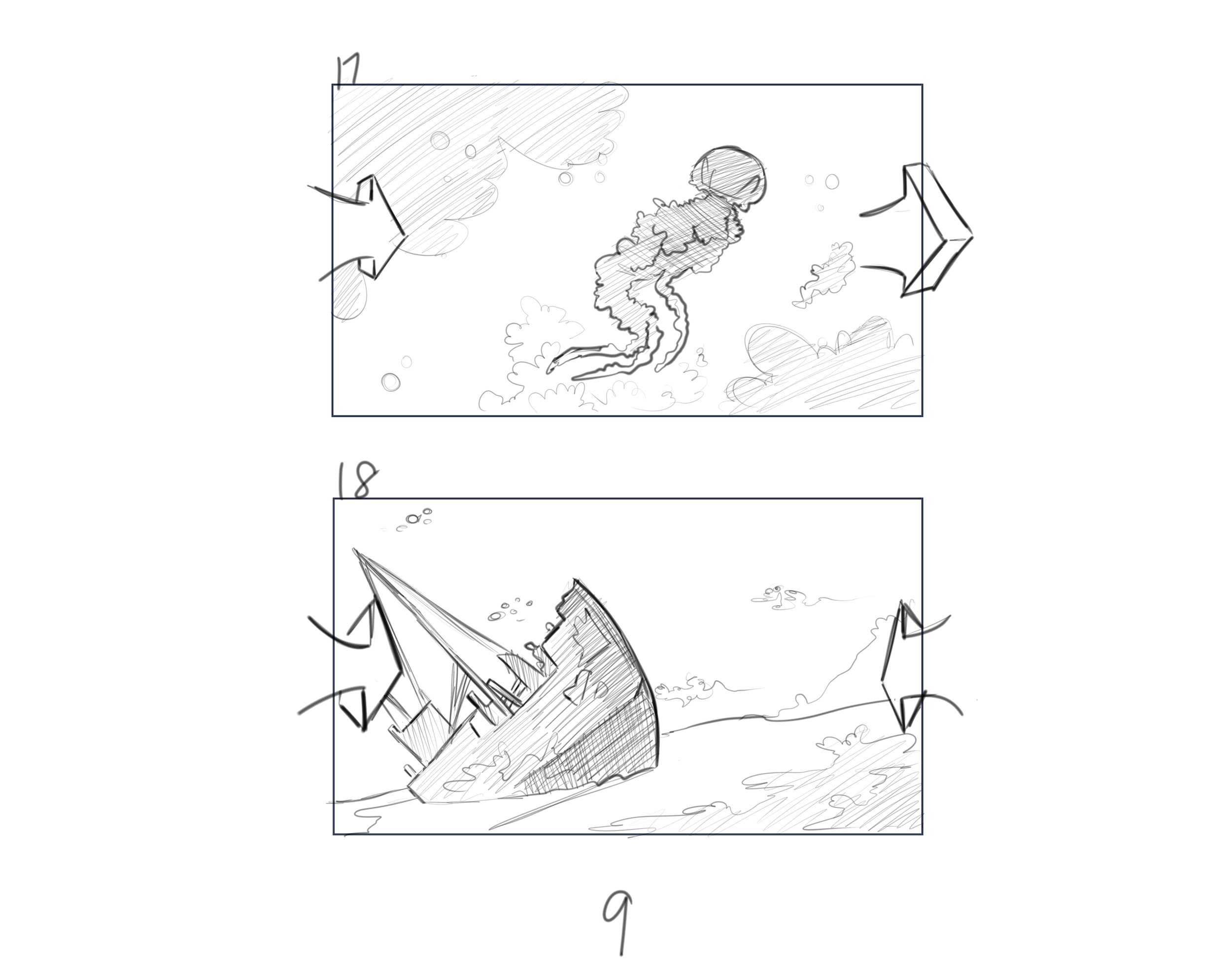 IU C&I Studios Page Dive Black and white drawings of a jellyfish and a ship in the water