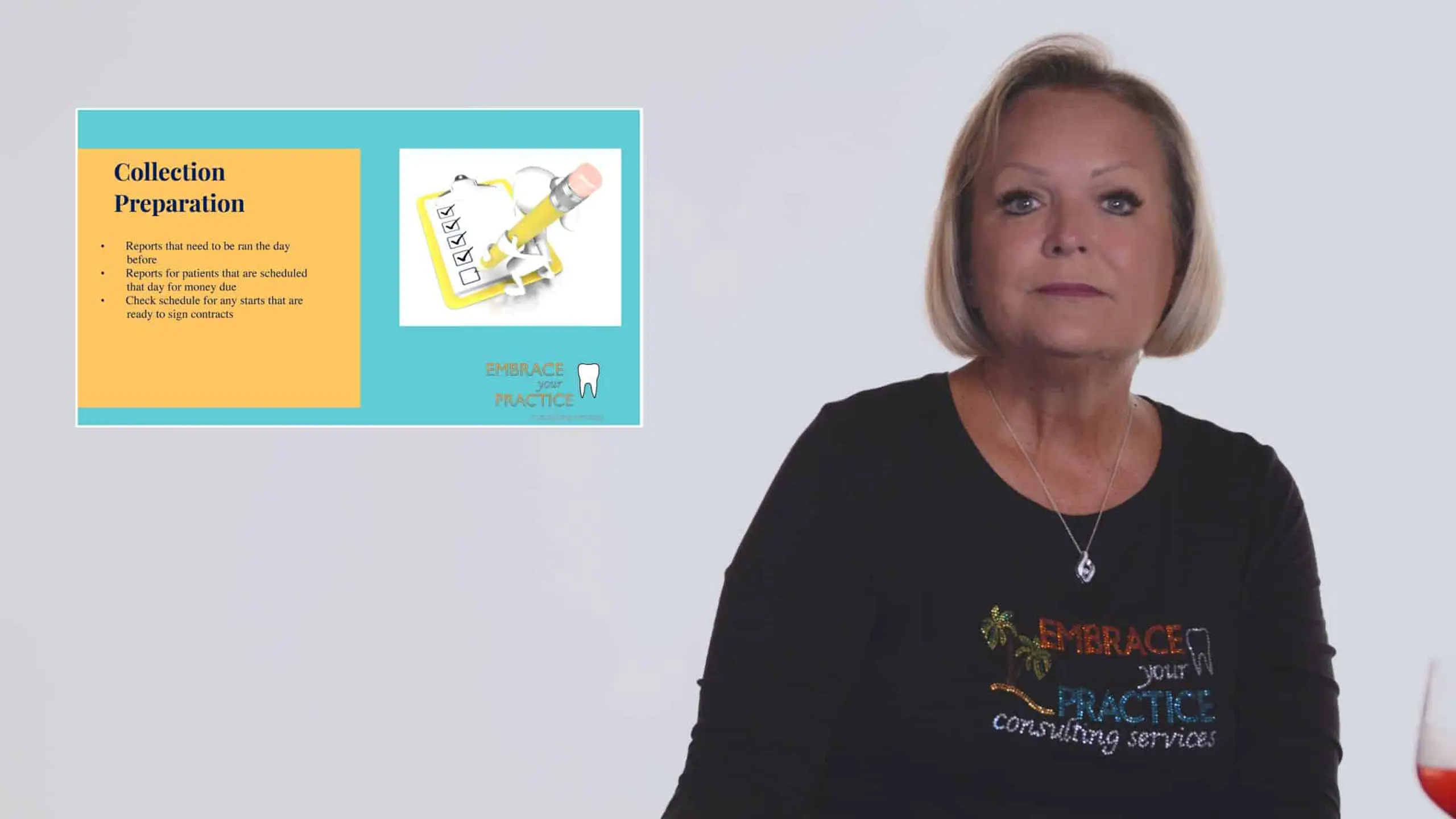 Embrace Your Practice 5 Woman with short blond hair talking wearing black shirt with colorful logo with a glass of wine nearby and Collection Preparation insert