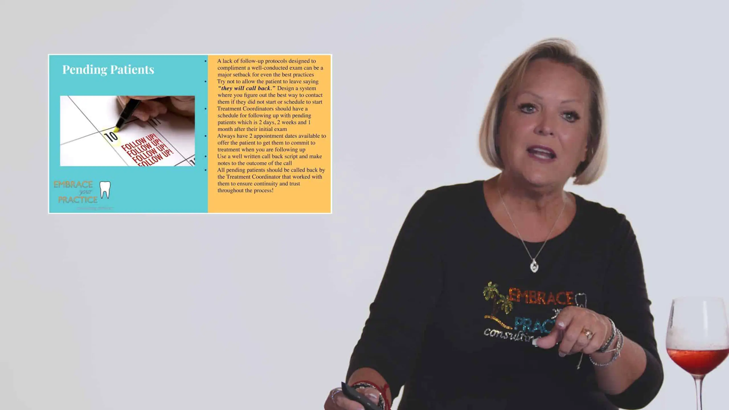 Embrace Your Practice 7 Woman with short blond hair talking wearing black shirt with colorful logo with a glass of red wine nearby and Pending Patients insert