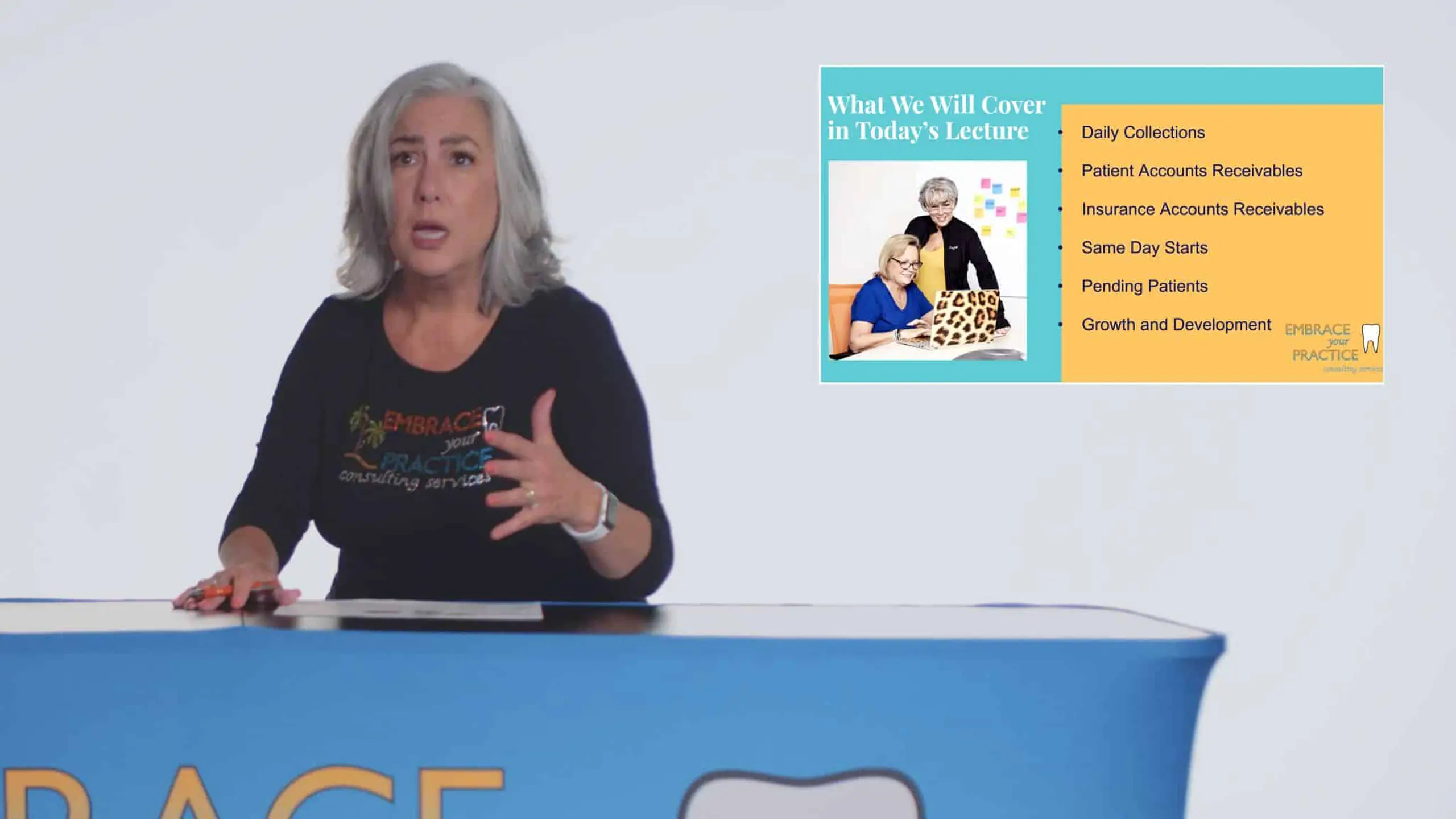 Embrace Your Practice 8 Woman with gray hair talking wearing black shirt with colorful logo and What We Will Cover in Today's Lecture insert