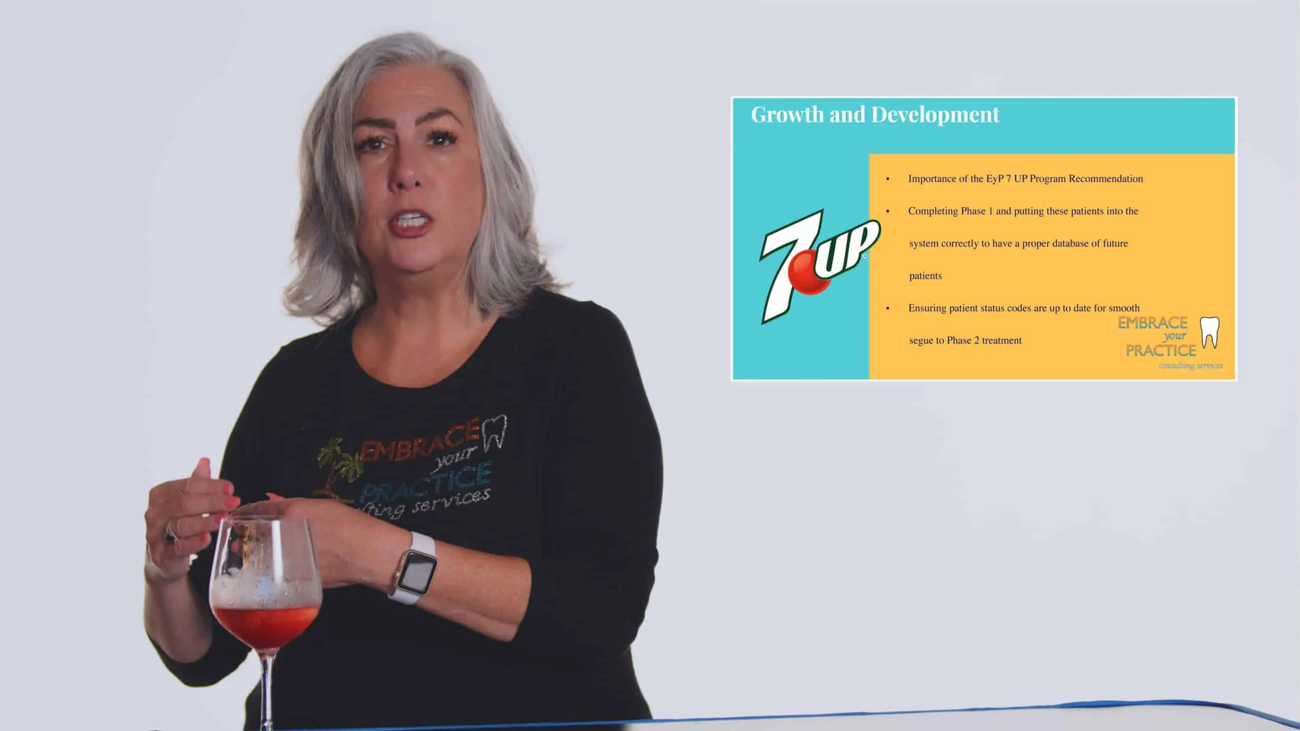 Embrace Your Practice 11 Woman near a glass of red wine talking to the camera with Growth and Development insert