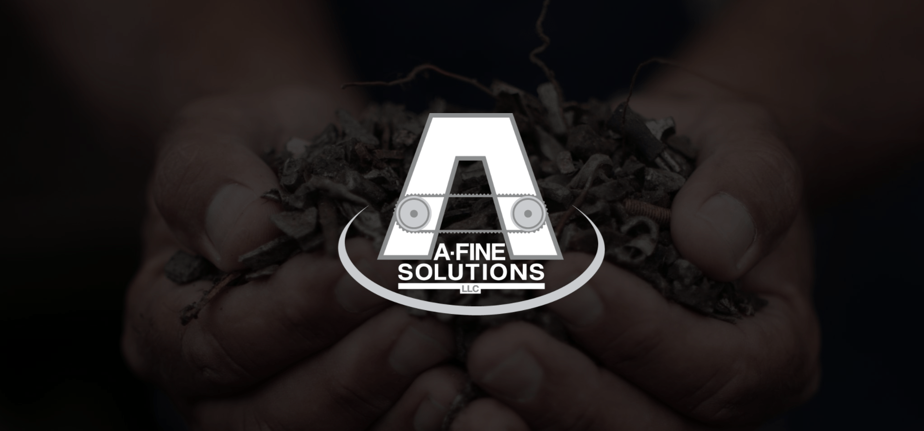 IU C&I Studios Page A Fine Solution Featured Image White and gray A Fine Solutions logo on dimmed background closeup of hands holding byproducts