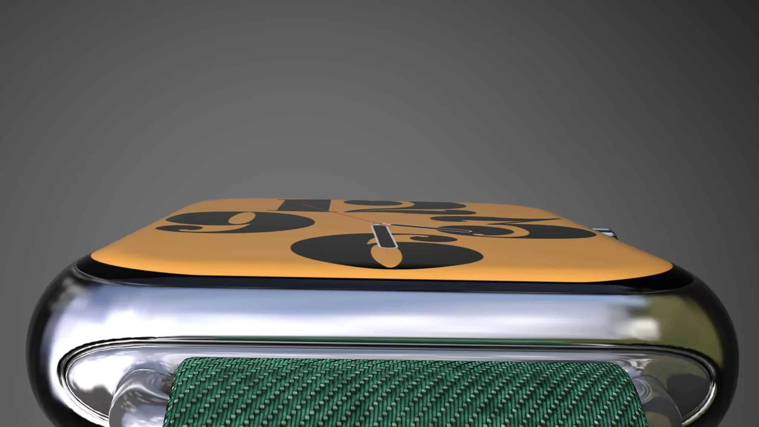 Side profile view of Apple Watch with green band on display 3D Promo Scene
