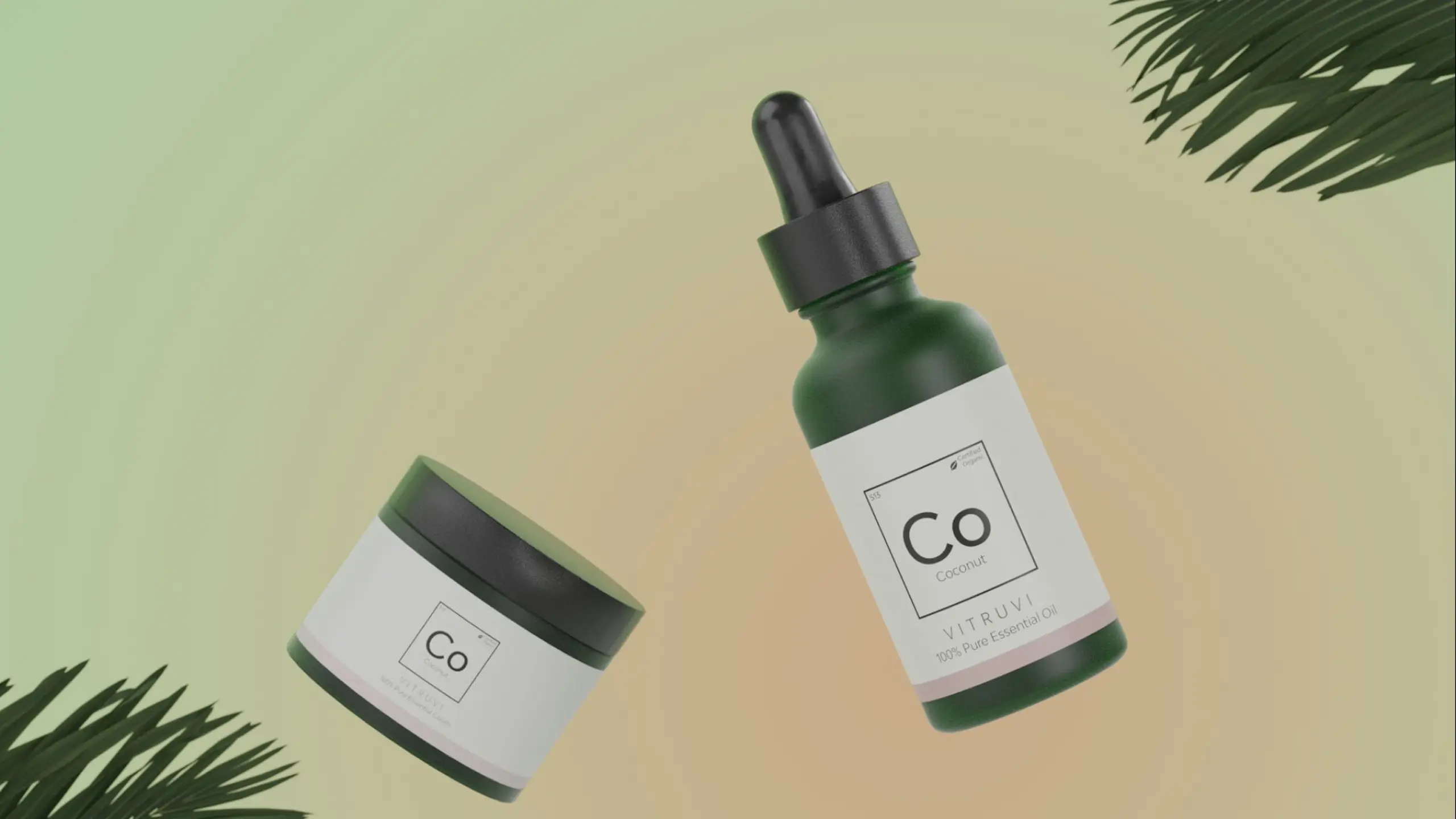 Vitruvi Essential Oils 2 Container and bottle of Coconut Pure Essential Cream and Oil Vitruvi on display 3D promo Still