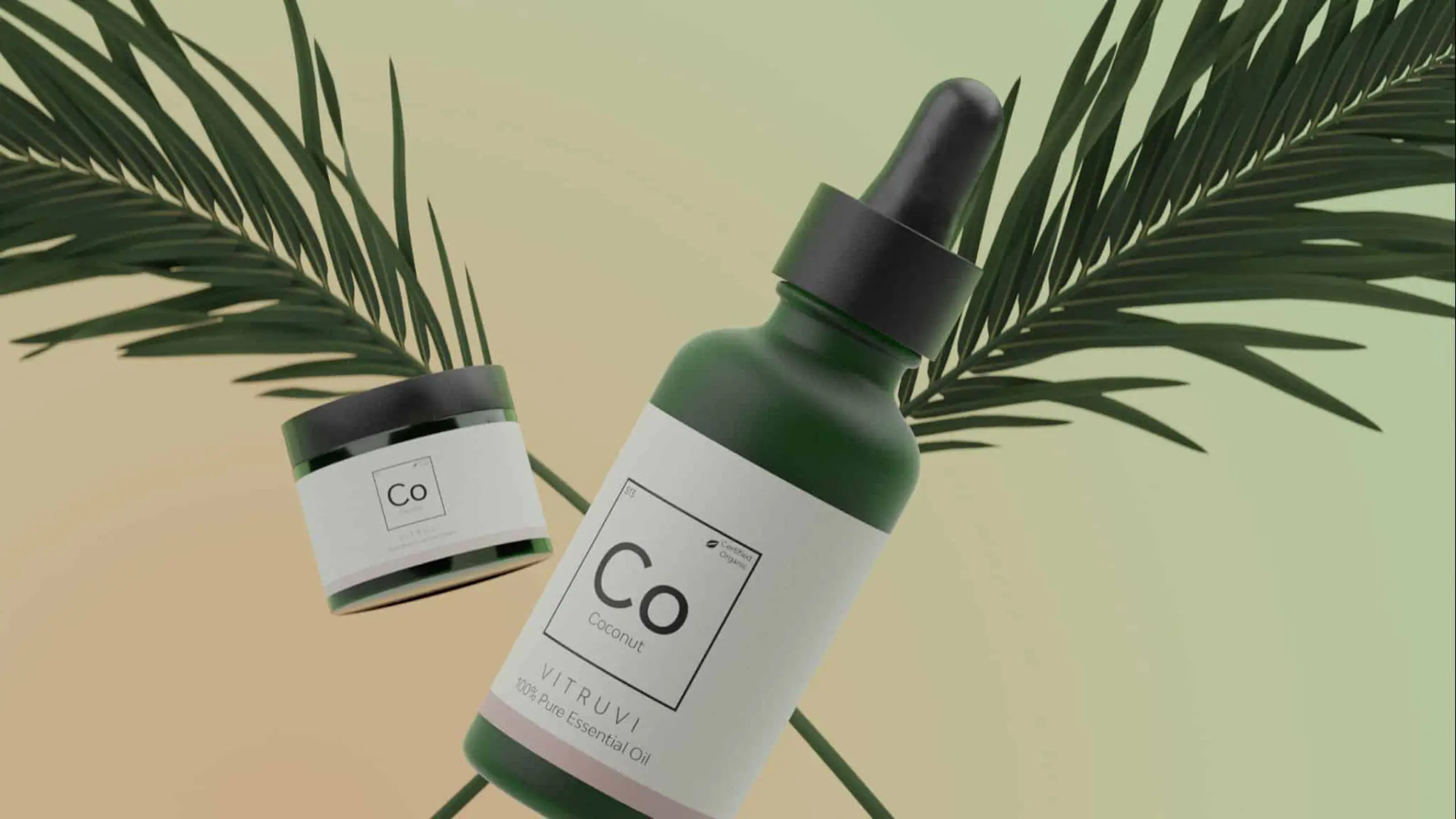 Vitruvi Essential Oils 3 Container and bottle of Coconut Pure Essential Cream and Oil Vitruvi on display 3D promo Still