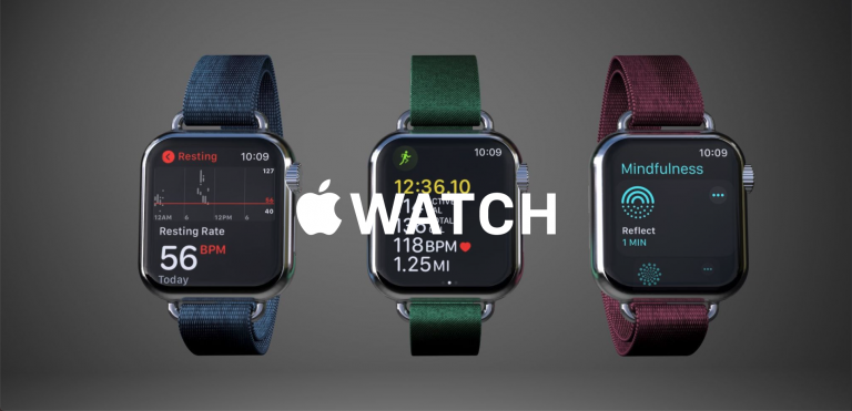 IU C&I Studios Page The Apple Watch Featured Image Three different Apple watches on display with white logo