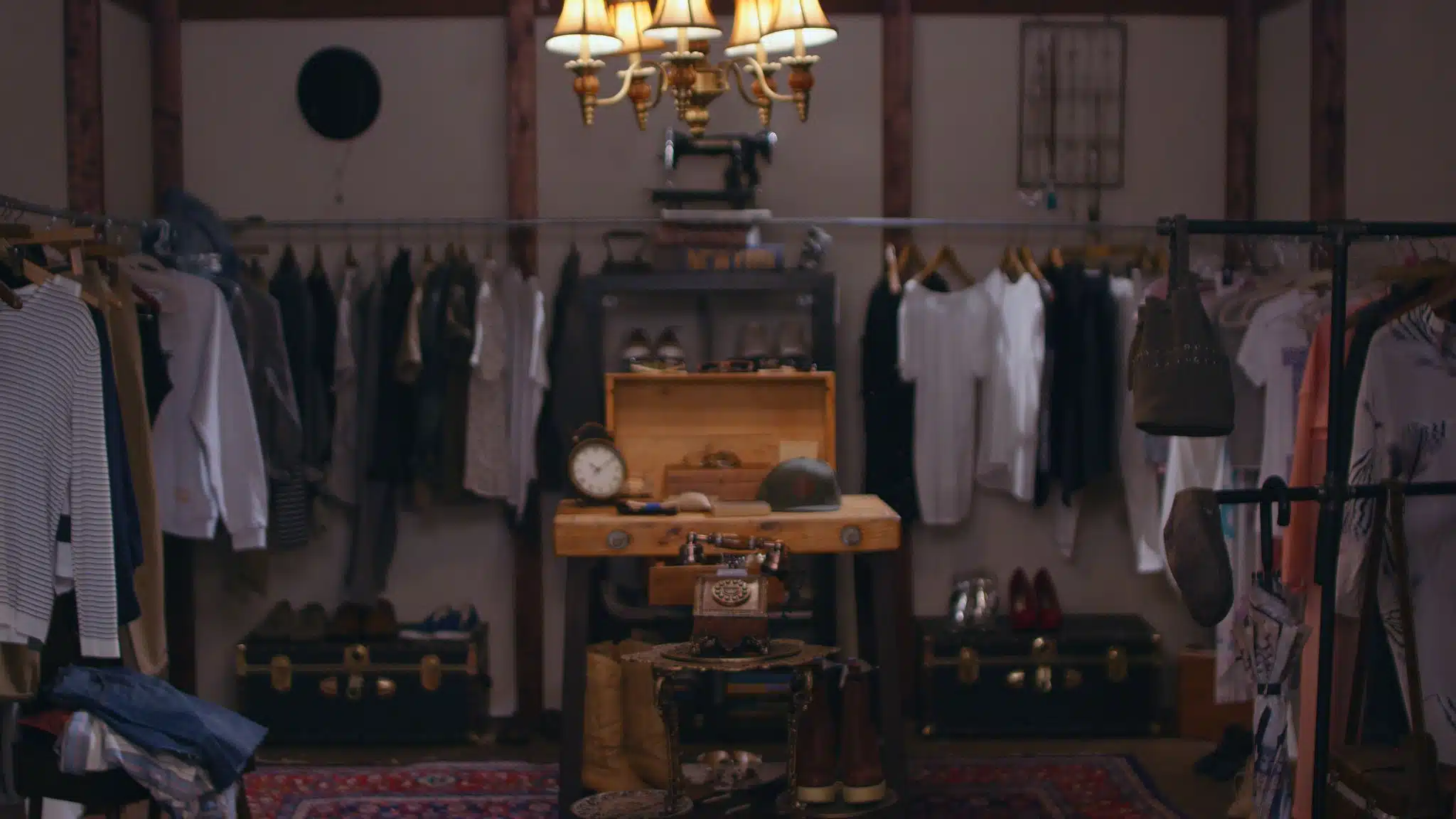 Dressing room with an antique phone on a table in the center