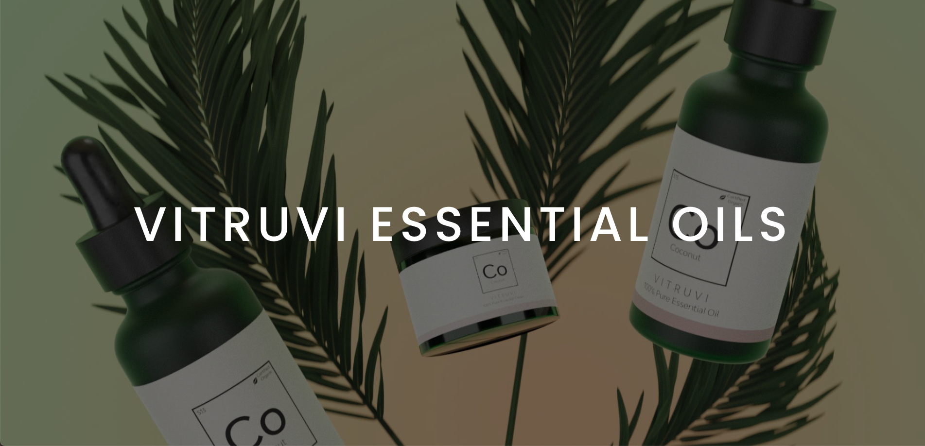 VITRUVI ESSENTIAL OILS Featured Image with white logo on backdrop of cream, drop and spray containers with herbs