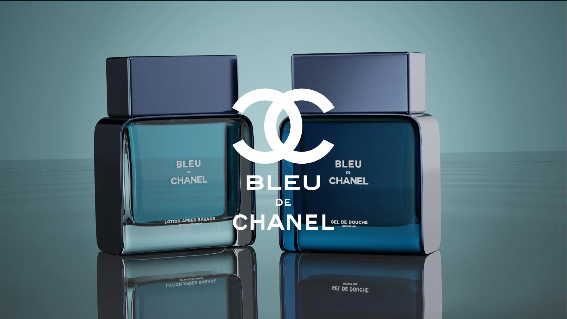 Social Media Marketing Services 4 White logo on backdrop of two Bleu de Chanel bottles
