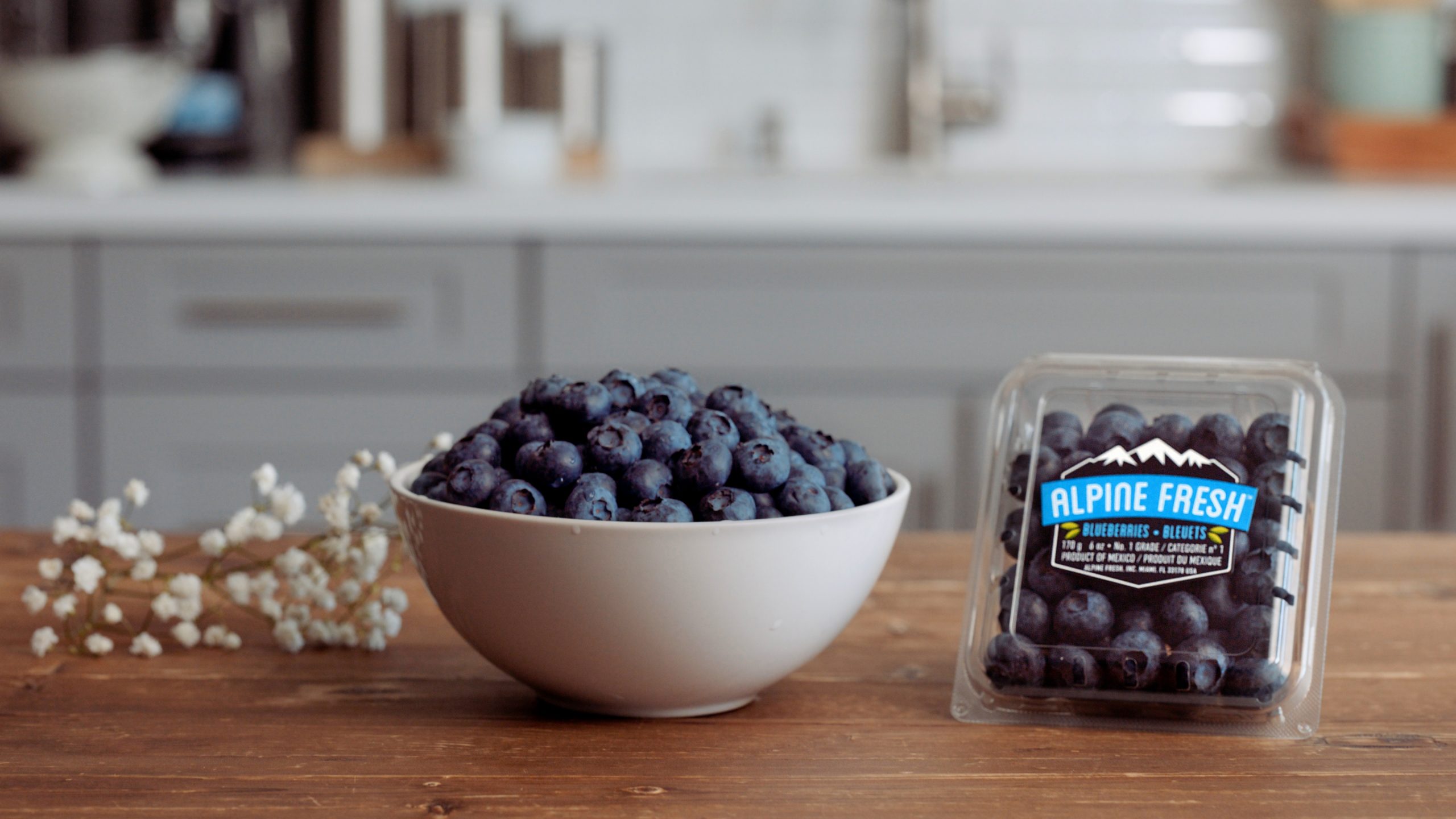 Alpine Fresh Blueberries Trade Show Bowl and package of blueberries on display