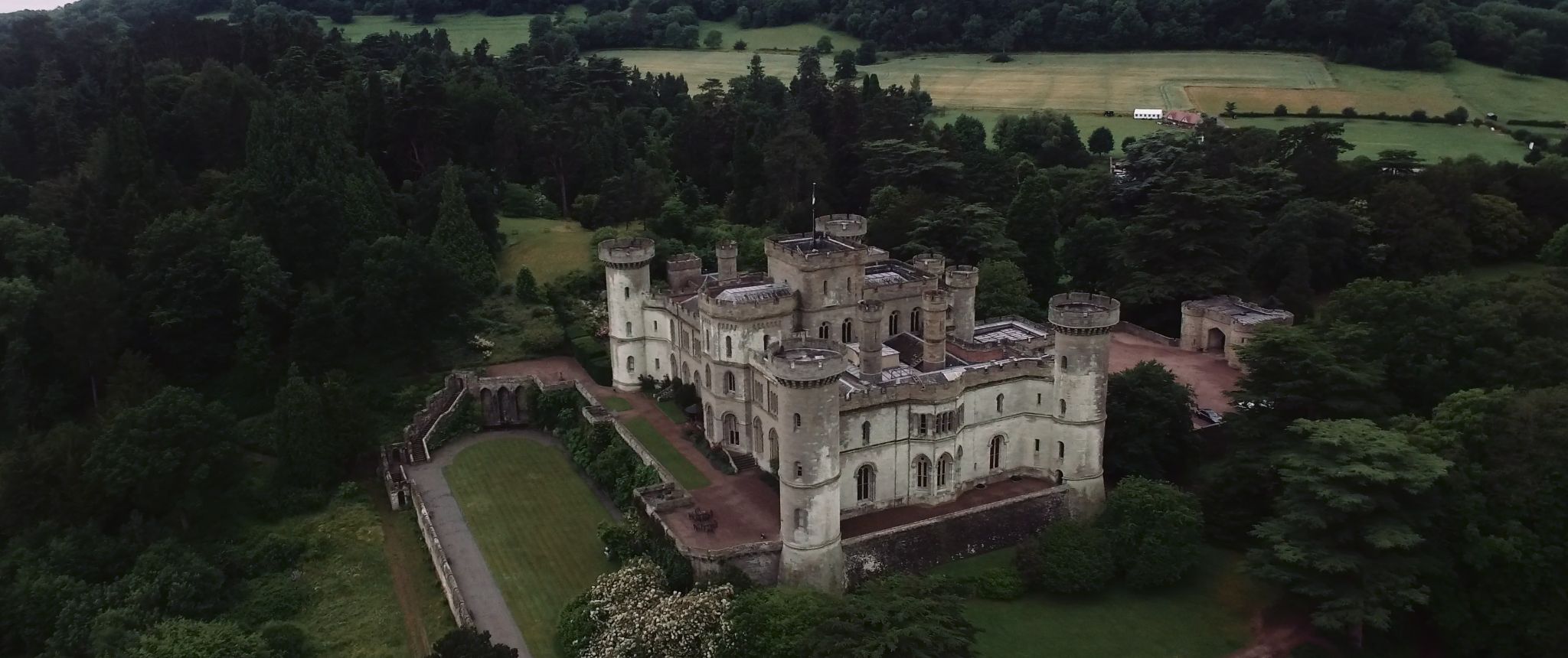 Aerial view of a castle in the countryside