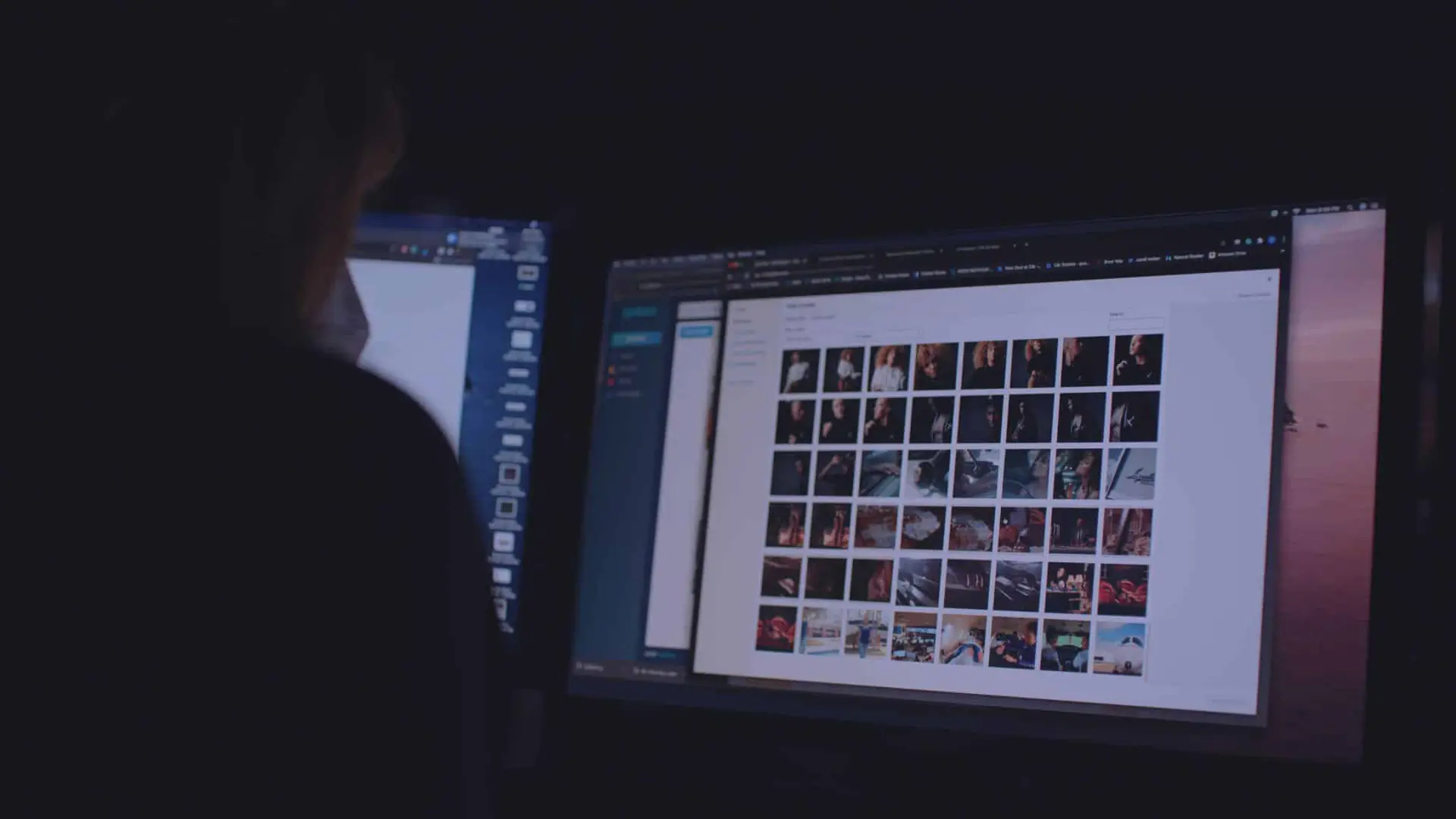 cis-post-the-making-of-artwalk-self-projection2 View from behind of person looking at many thumbnail images on a computer display monitor