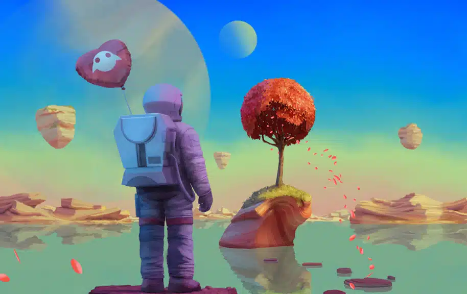 Graphic of astronaut holding a Meta balloon on a landscape