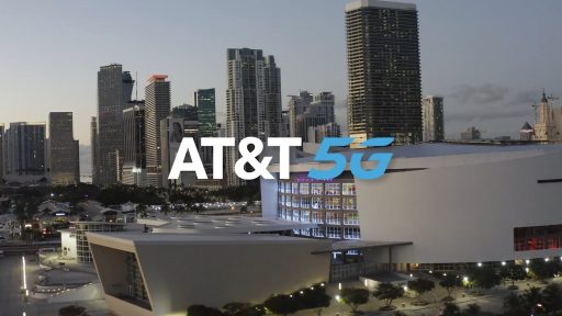 IU CI Studios Drone view of Kaseya Center on Brickell Avenue with AT&T 5G logo overlaid