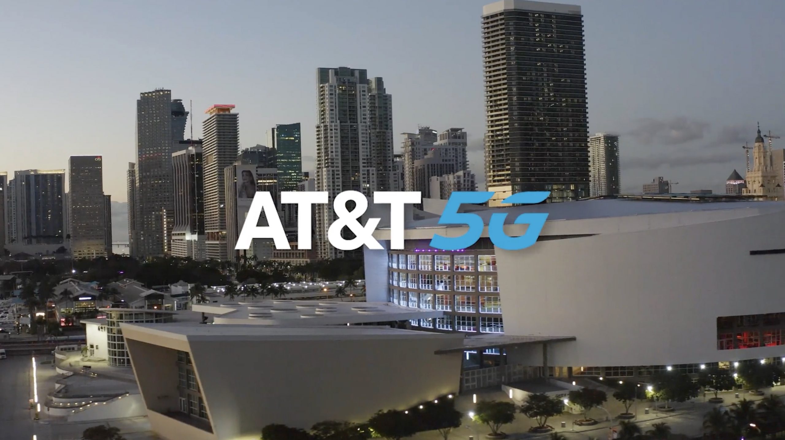 Drone view of Kaseya Center on Brickell Avenue with AT&T 5G logo overlaid