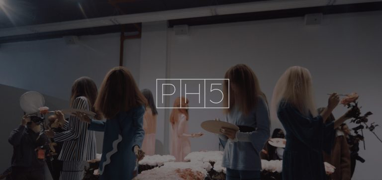 White PH5 logo with group of female artists in the background