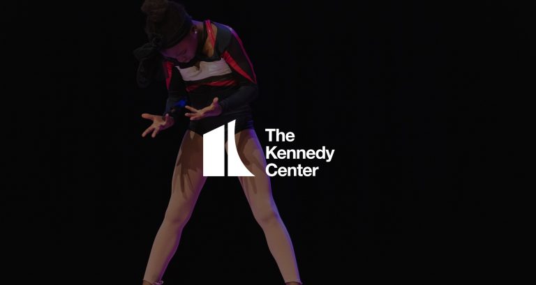 White Kennedy Center gala logo with a dancer in the background