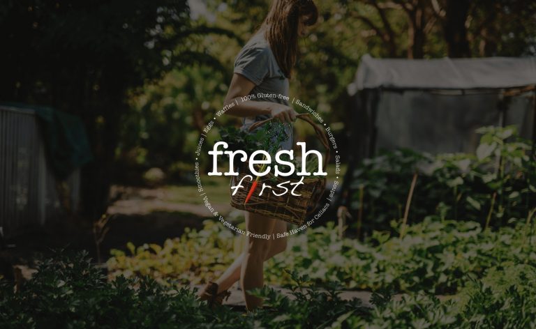 IU C&I Studios Page White Fresh First logo with a woman tending to a garden in the background carrying a basket of produce