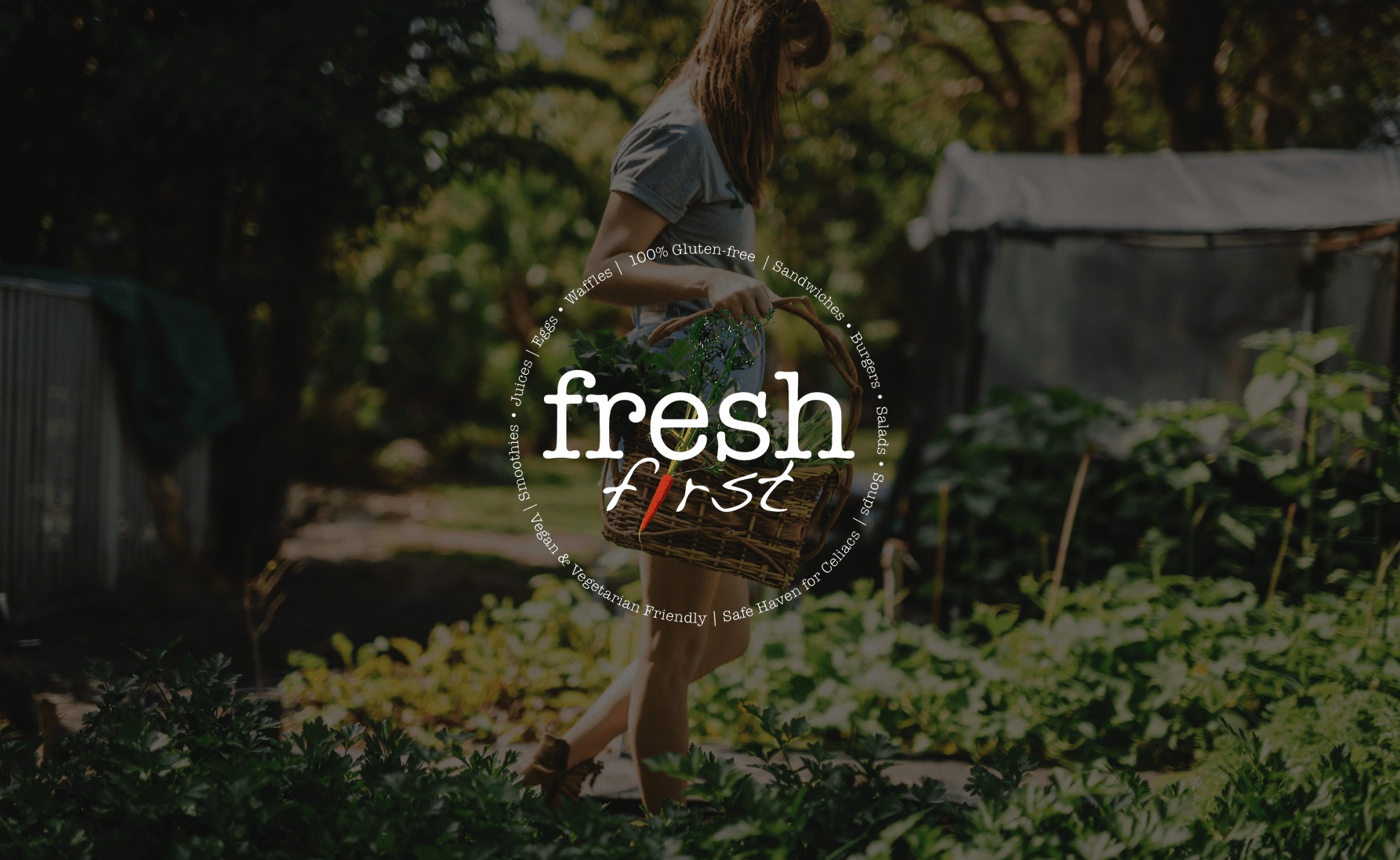White Fresh First logo with a woman tending to a garden in the background carrying a basket of produce