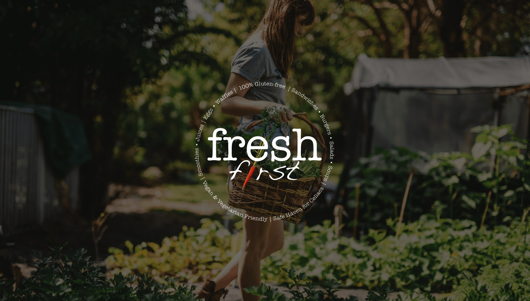 White Fresh First logo with a woman tending to a garden in the background carrying a basket of produce