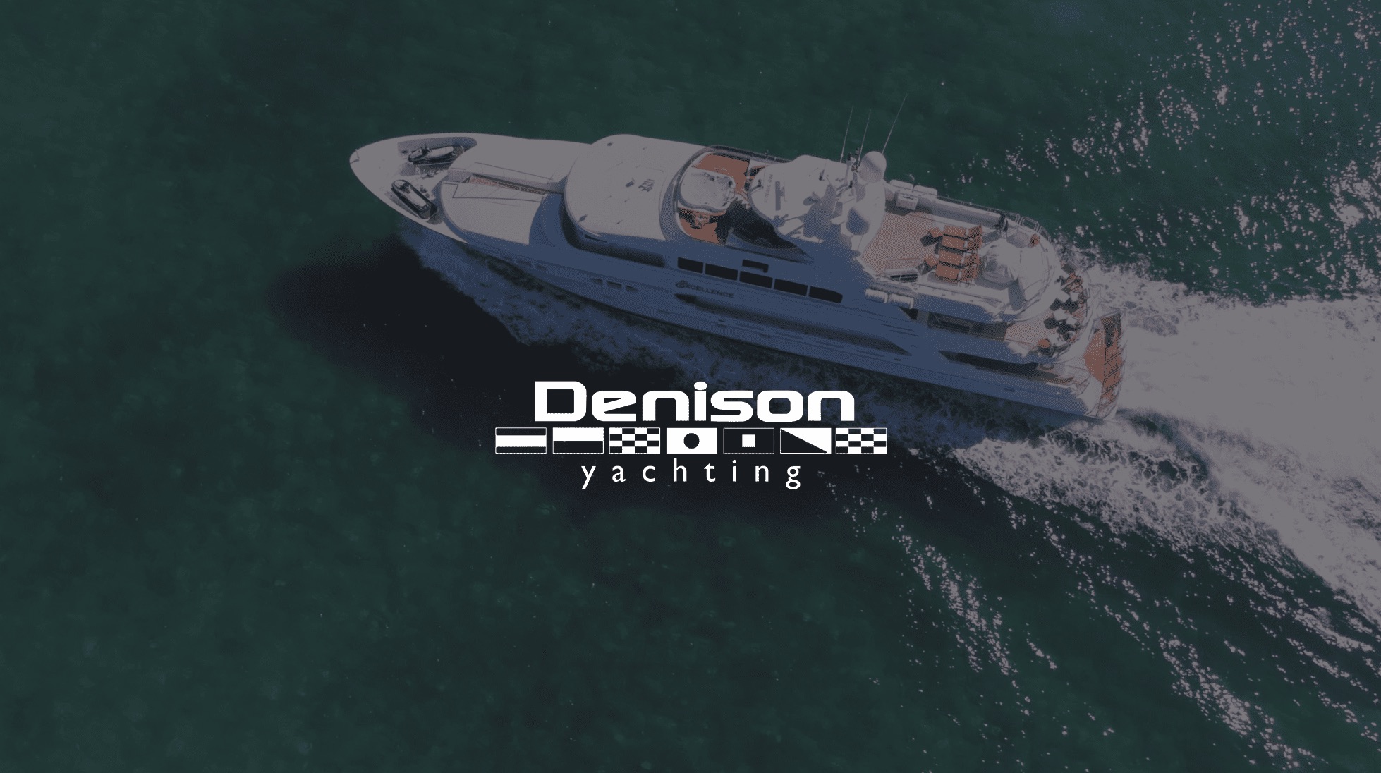 White Denison Yachting logo with an overhead view of a yacht in the background