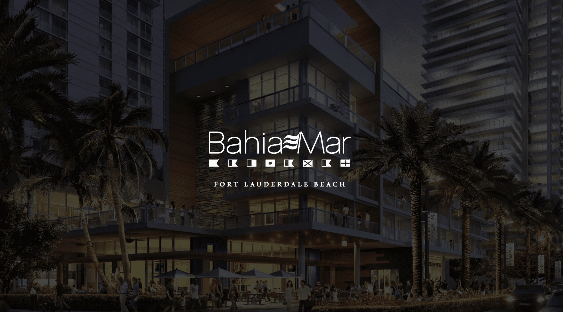 White Bahia Mar Condominiums Fort Lauderdale Beach logo against a dimmed background of the building