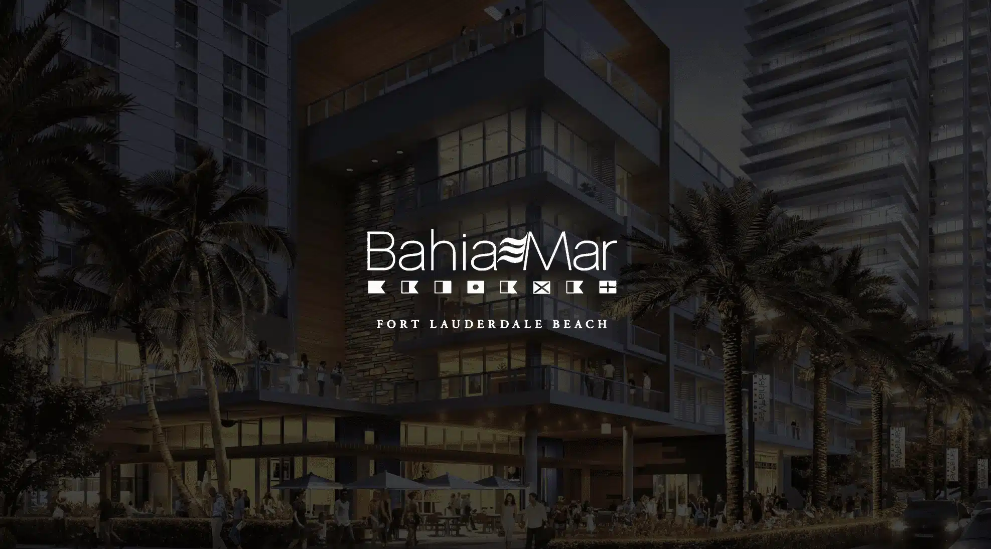 IU C&I Studios Page White Bahia Mar Condominiums Fort Lauderdale Beach logo against a dimmed background of the building