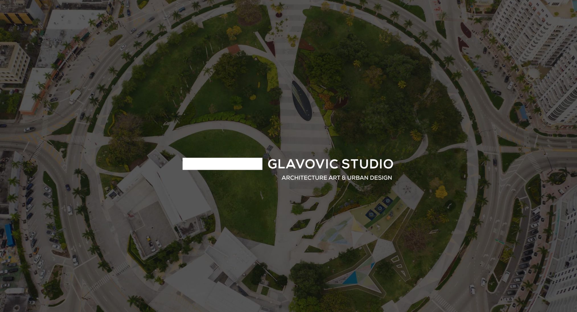 White Glavovic Studio Architecture Art & Urban Design log with background of aerial view of Arts Park at Young Circle
