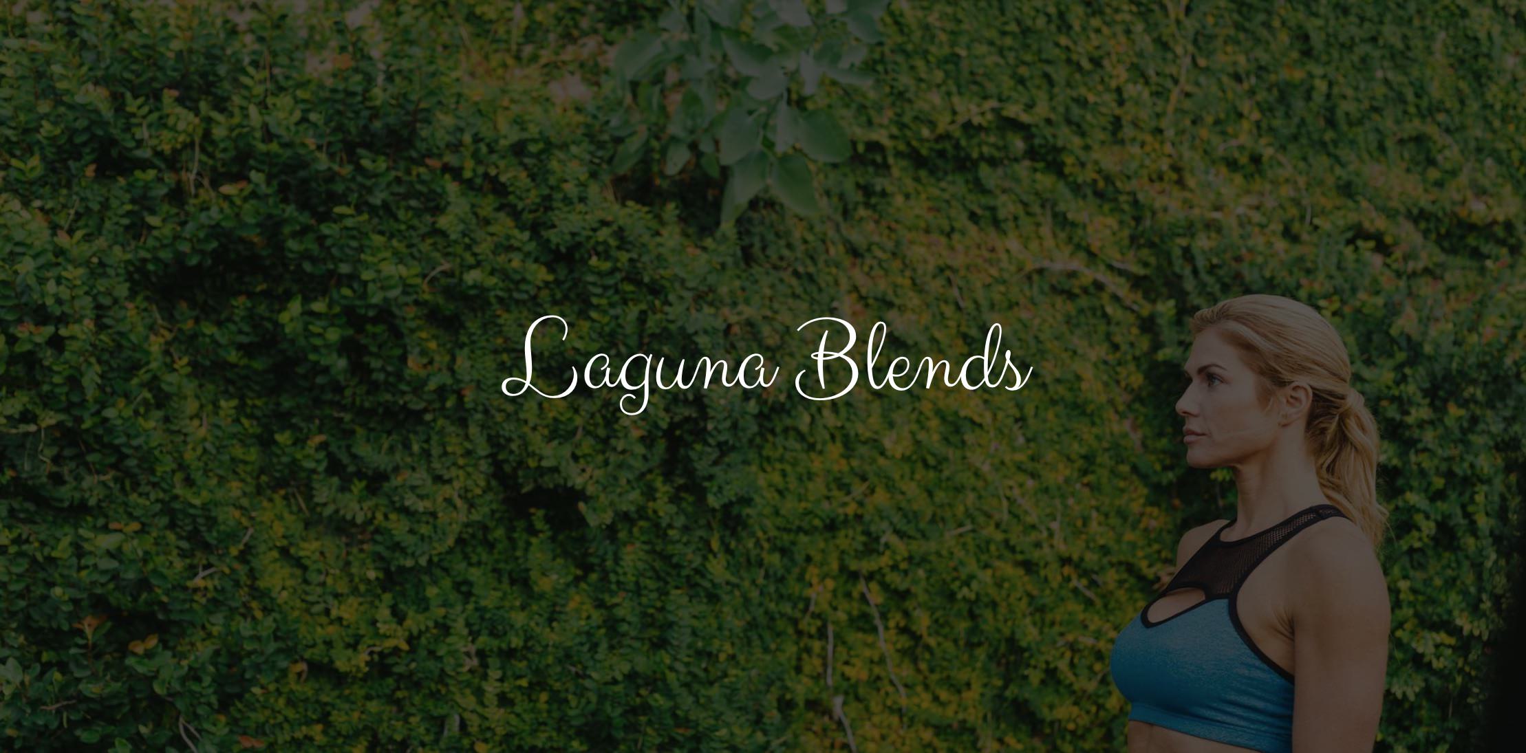 White Laguna Blends logo with side view of woman with long blond hair and waring a black and blue sport bras looking off screen