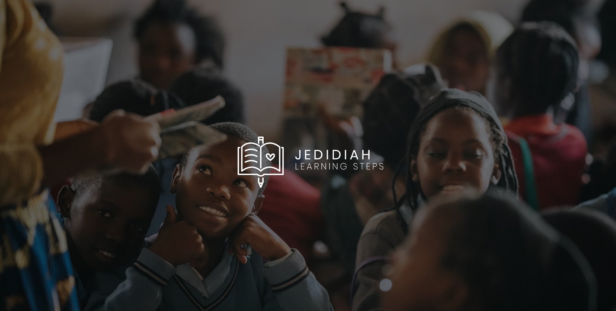 IU C&I Studios Page White Jedidiah Learning Steps logo with background of children in a classroom