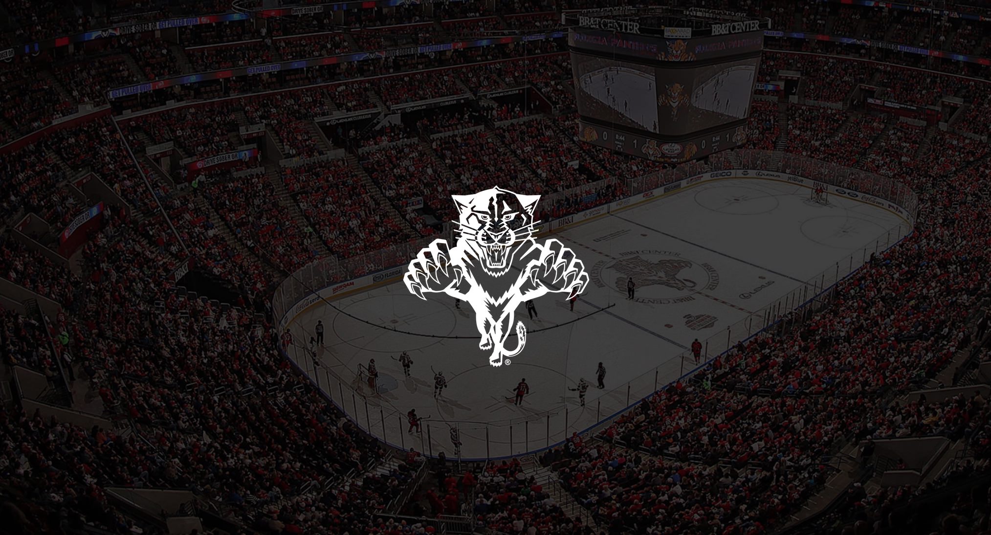 White Florida Panthers Hockey logo with dimmed background of aerial view of hockey rink with crowd